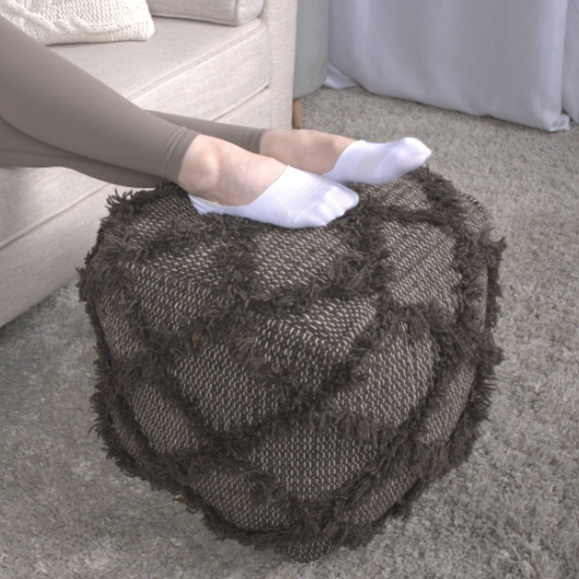 Left. GOODSILO - Handcrafted Wool and Cotton Square Pouf for Indoor Seating and Decor - Brown.