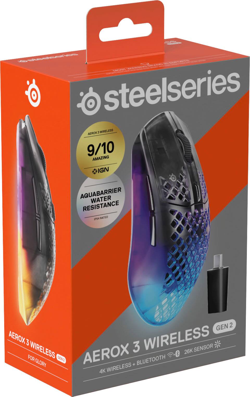 A series of SteelSeries Aerox 3 Wireless mice, rated 9/10 by IGN as "Amazing." Features include AquabARRIER water resistance (IP64 rated), Gen 2, Aerox 3 Wireless, 26K sensor, and Bluetooth 4K wireless connectivity.