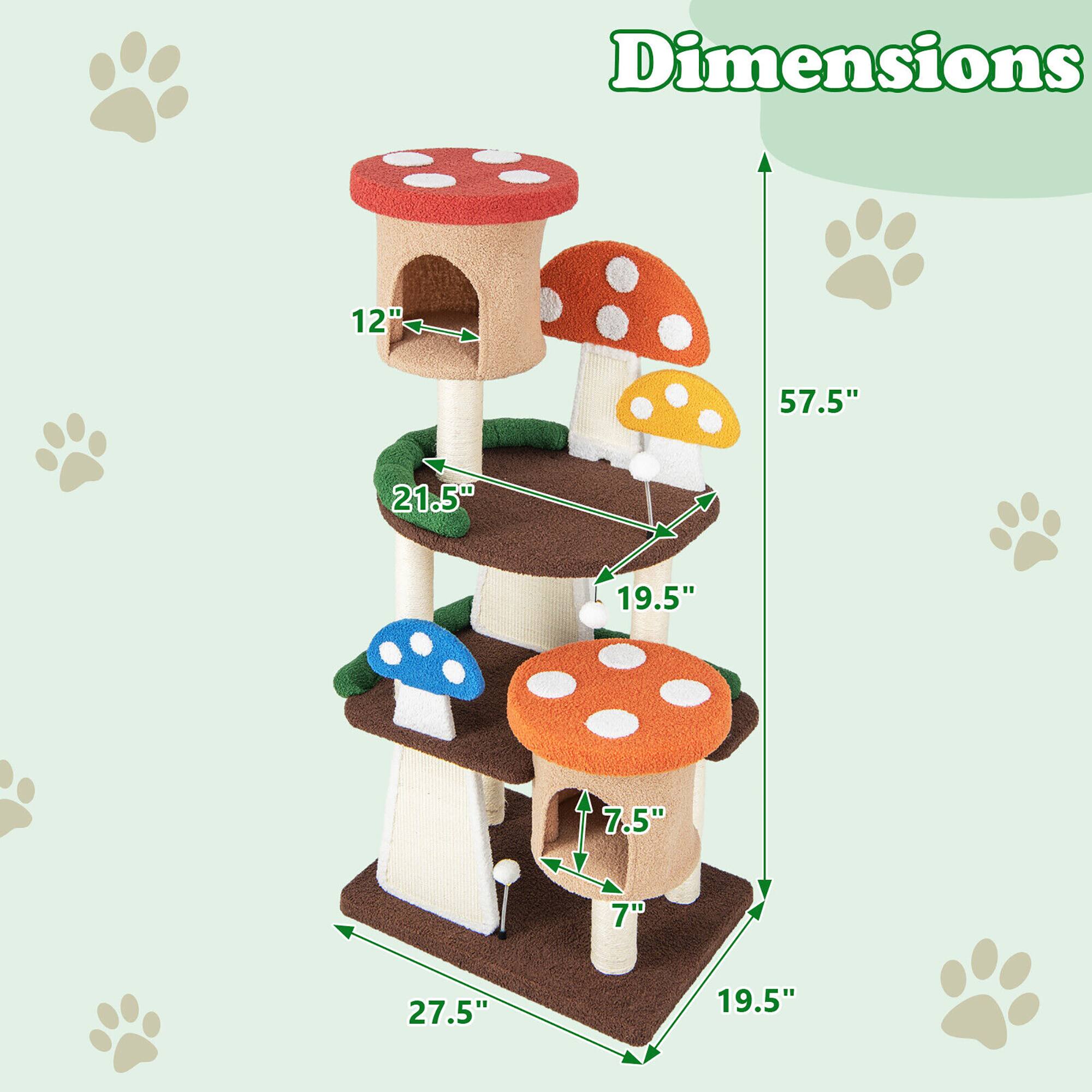 Dimensions:  
- Height: 57.5"  
- Width: 19.5"  
- Depth: 19.5"  
- Top Platform: 12" x 21.5"  
- Middle Platform: 19.5"  
- Bottom Platform: 27.5"  
- Mushroom Cap: 7.5"  
- Mushroom Stem: 7"