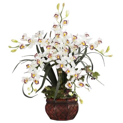 Front. BreeBe - 30" Cymbidium w/Decorative Vase White - White.