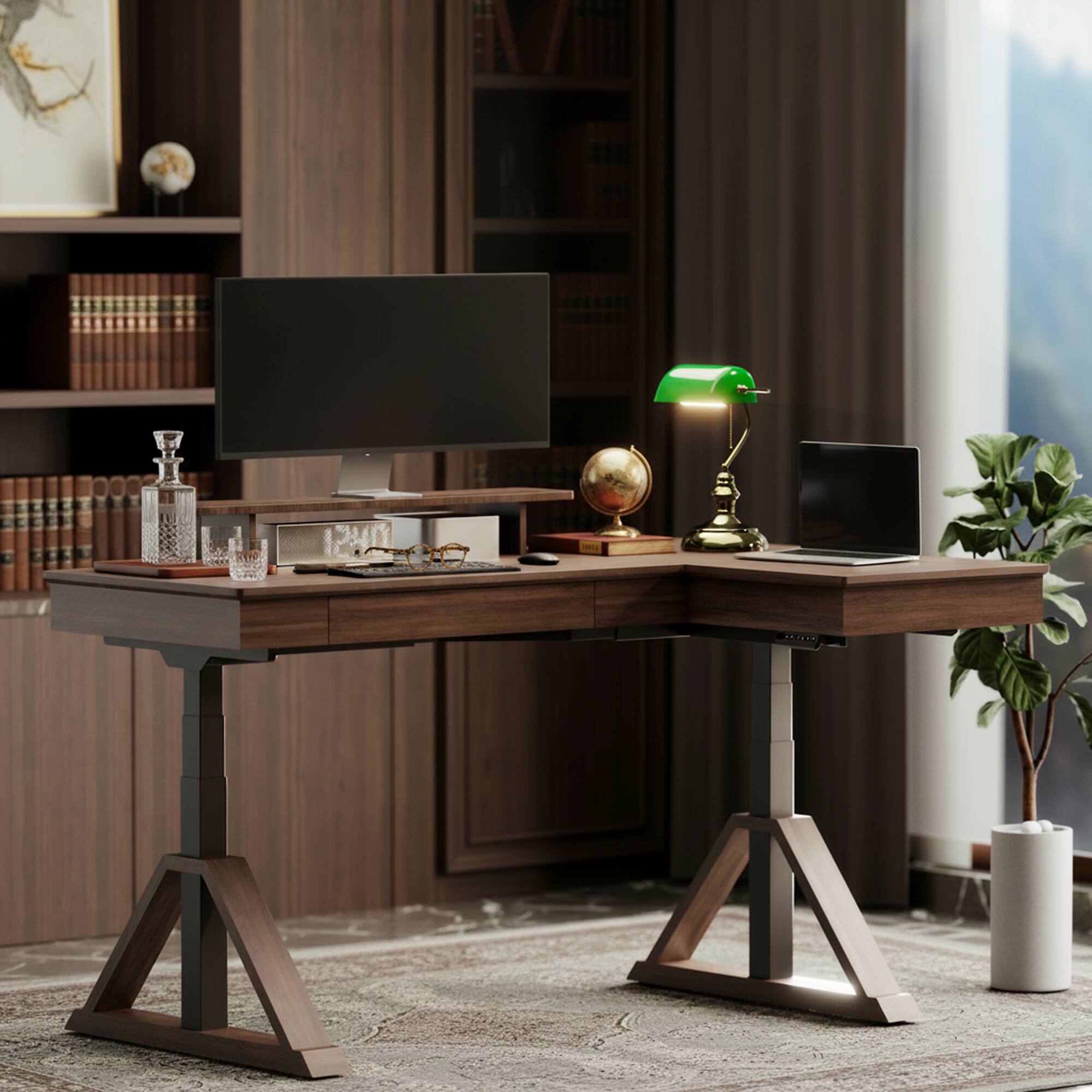 Back. FlexiSpot - Fusion Retro 70" Walnut Veneer Electric Height Adjustable L-Shaped Standing Desk - Walnut.