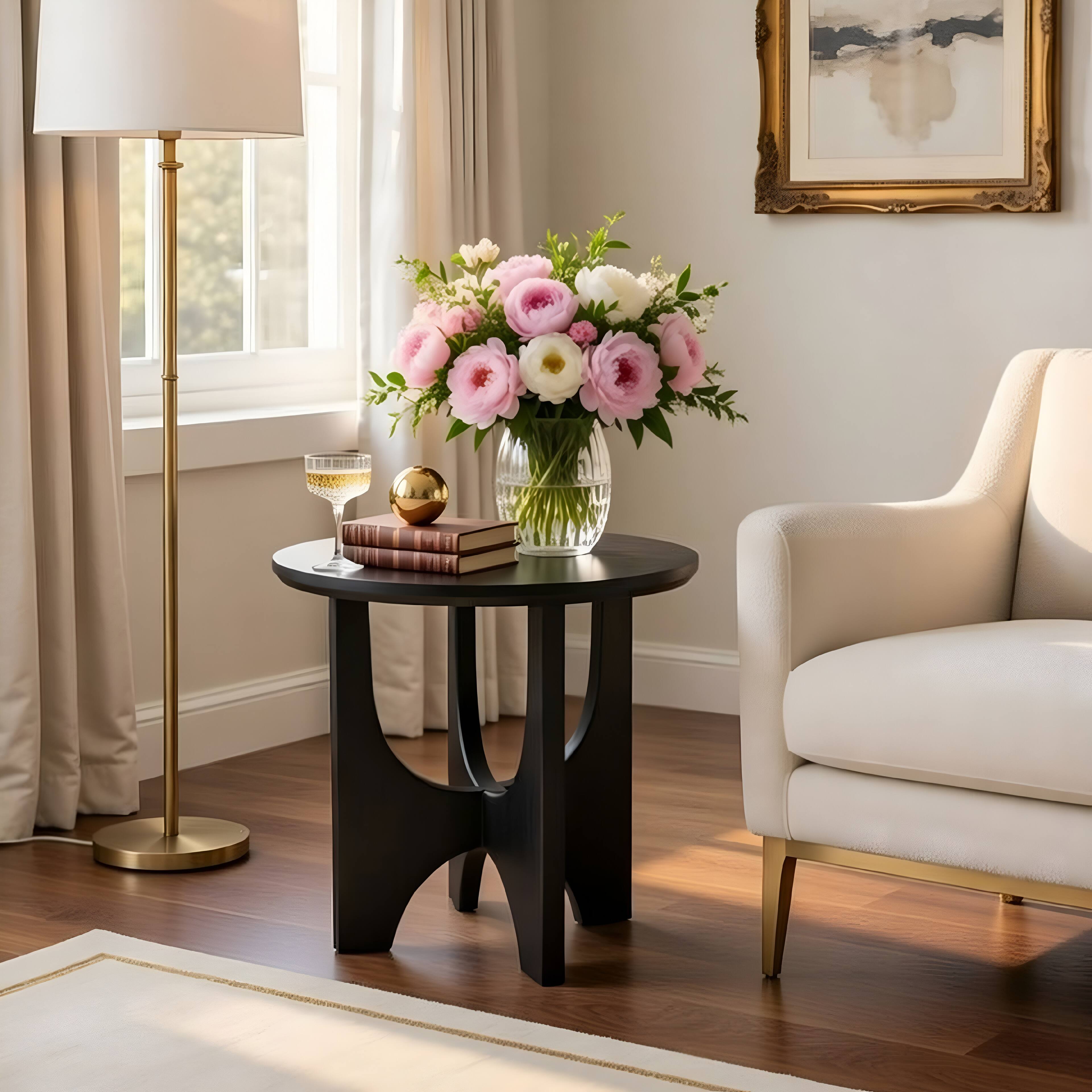 Alt View 5. Manhattan Lane - Sara Round Side End Table, 20 Inch Solid Mango Wood Top in Matte Black with Curved legs - Black.