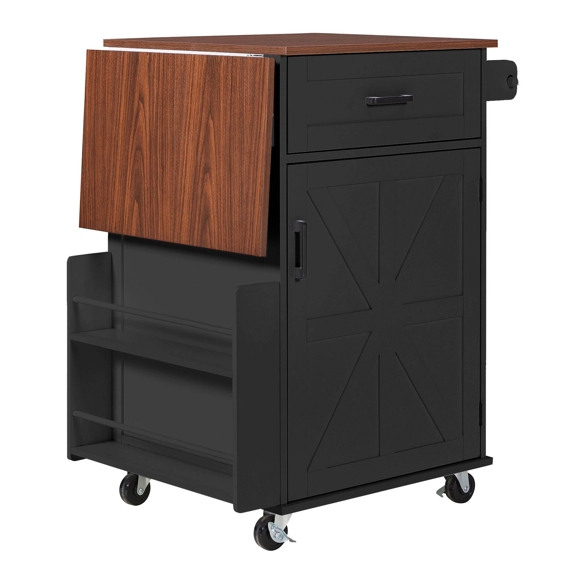 Alt View 1. Whisen - 39" Farmhouse Kitchen Island Cart with Drop Leaf, Storage Cabinet, Drawer, Rolling Wheels for Kitchen - Black.
