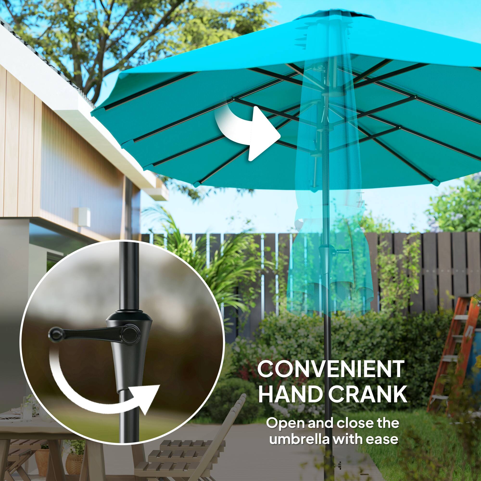 CONVENIENT HAND CRANK
Open and close the umbrella with ease