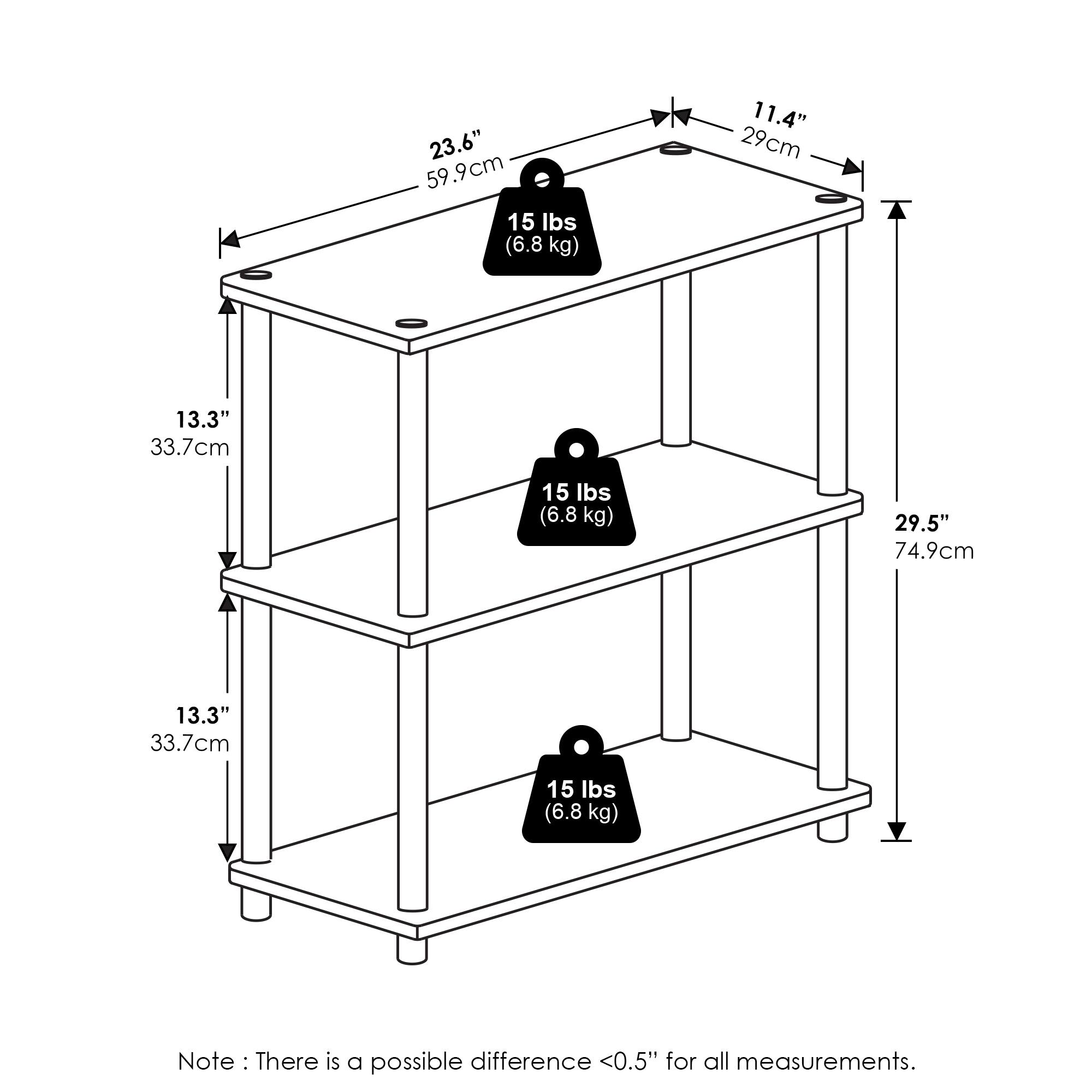 23.6" (59.9 cm)  
11.4" (29 cm)  
13.3" (33.7 cm)  
29.5" (74.9 cm)  
15 lbs (6.8 kg)  

Note: There is a possible difference <0.5" for all measurements.
