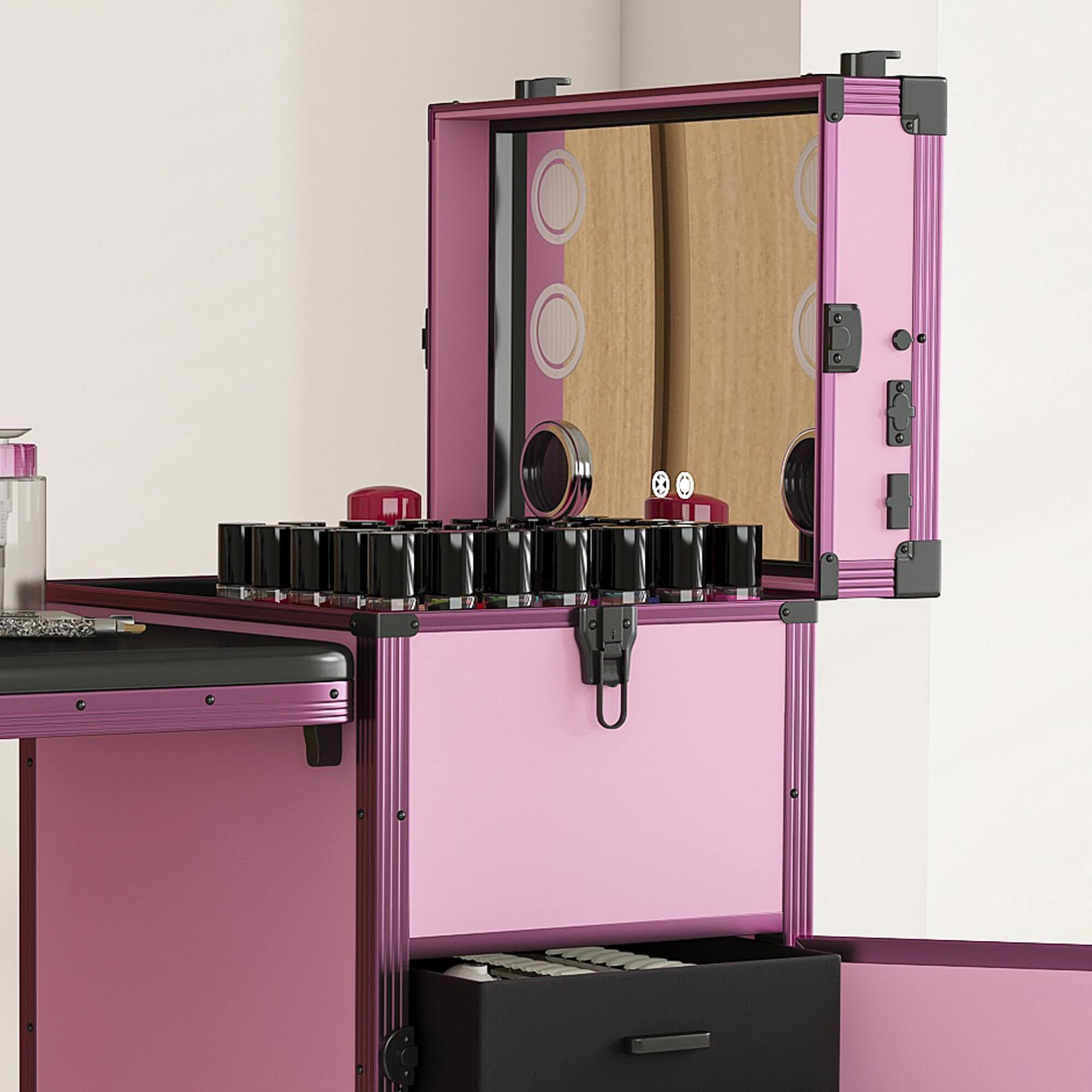Alt View 4. TinyHomie - Portable Nail Art Table w LED Mirror Bluetooth Lockable Drawers Telescopic Pole Folding Manicure Station for Salons Pink.