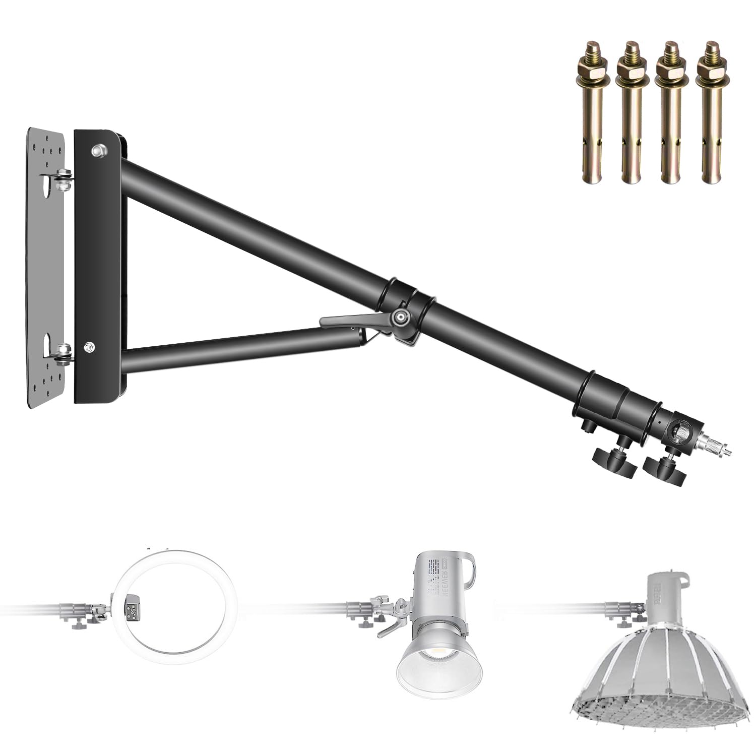 Front. Neewer - Triangle Wall Mount Boom Arm for Studio - 180° Rotation for Strobe, Softbox & Umbrella - Black.