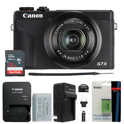 Canon Zoom Lens Canon 4.2x IS
SanDisk Ultra 100 MB/s 32GB
Canon G7X
Canon Battery Charger
Vivitar Canon NB-13L Rechargeable Lithium Battery