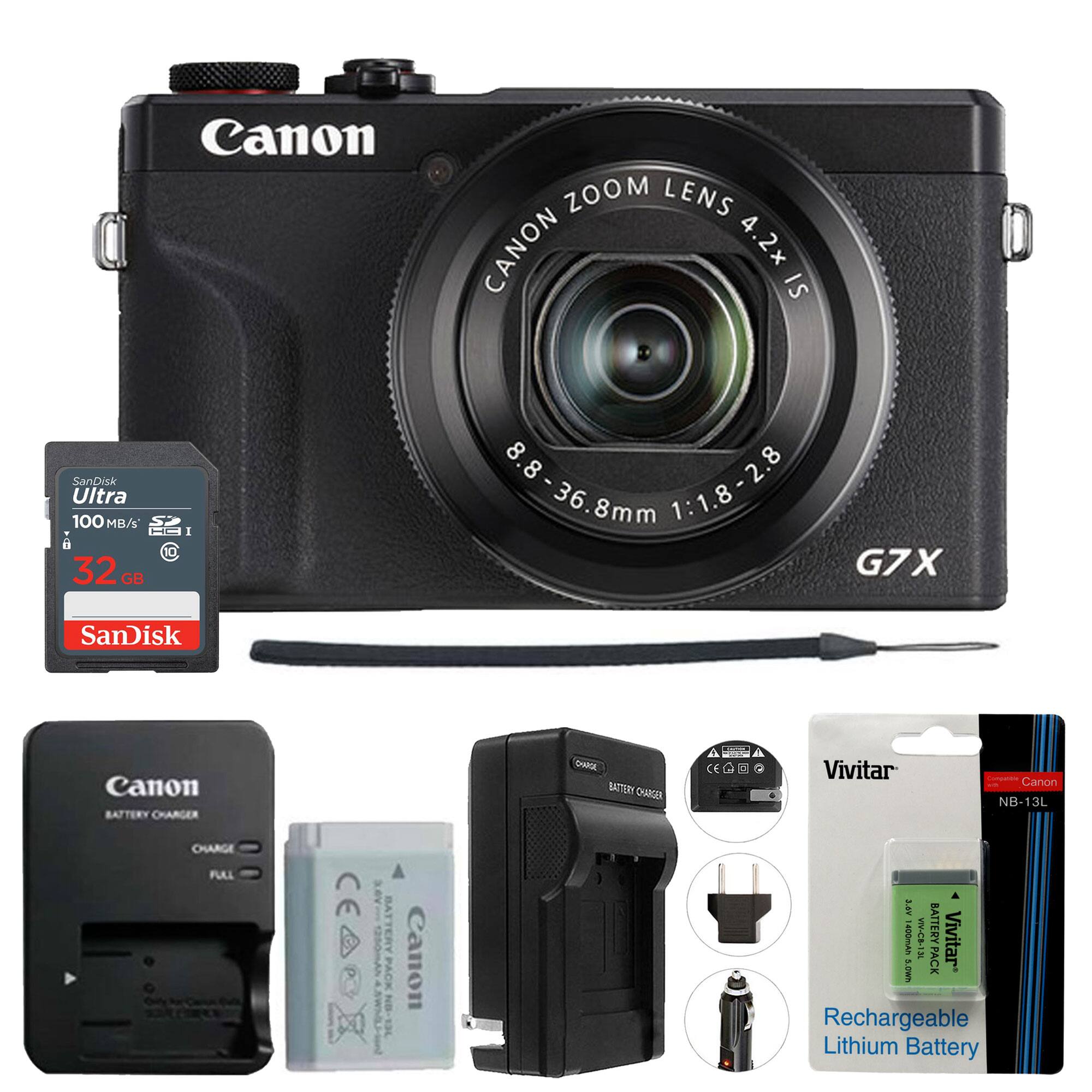Canon Zoom Lens Canon 4.2x IS  
SanDisk Ultra 100 MB/s 32GB  
Canon G7X  
Canon Battery Charger  
Vivitar Canon NB-13L Rechargeable Lithium Battery