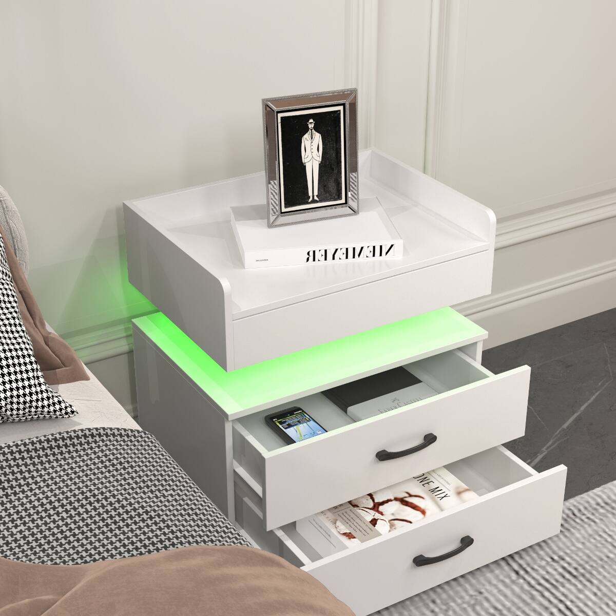 Loheer LED Nightstand, Two Drawer Bedside Table with Adjustable Remote ...