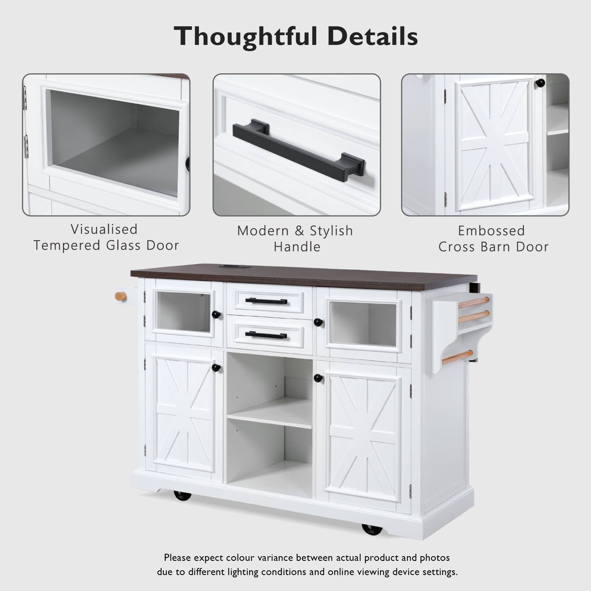 Thoughtful Details

- Visualised Tempered Glass Door
- Modern & Stylish Handle
- Embossed Cross Barn Door

Please expect colour variance between actual product and photos due to different lighting conditions and online viewing device settings.