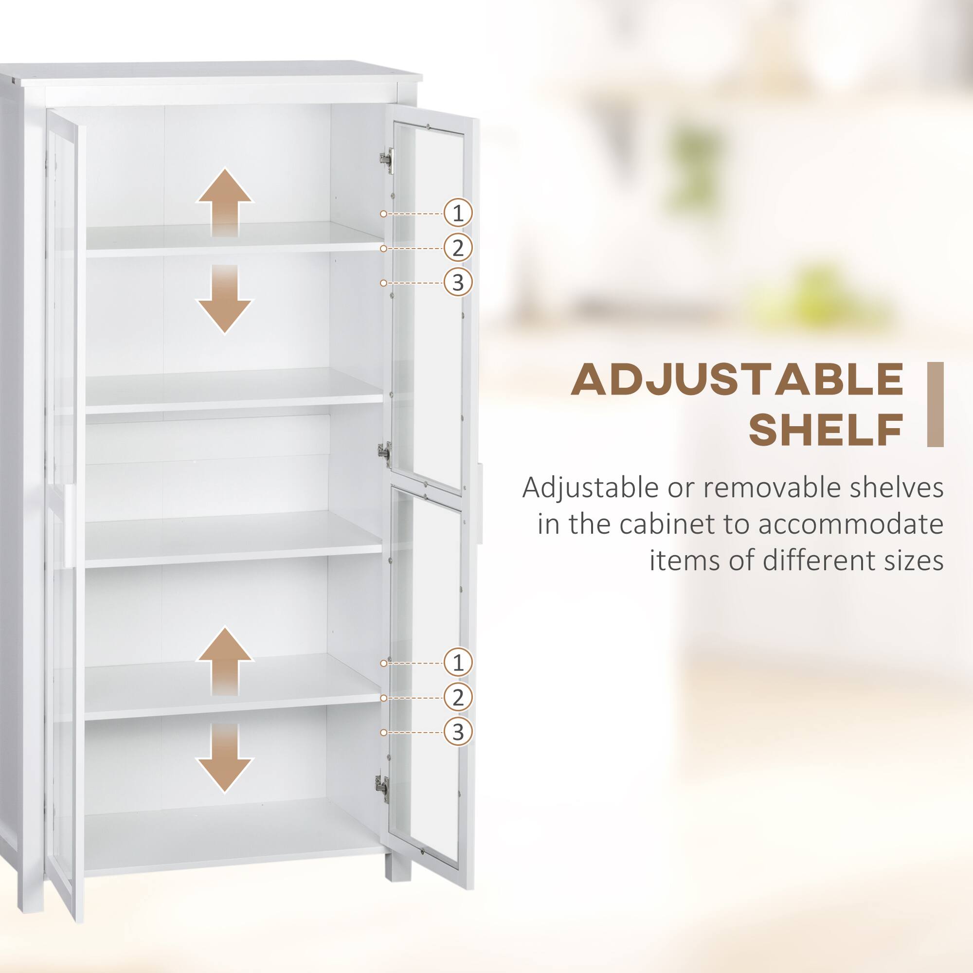 ADJUSTABLE SHELF

Adjustable or removable shelves in the cabinet to accommodate items of different sizes