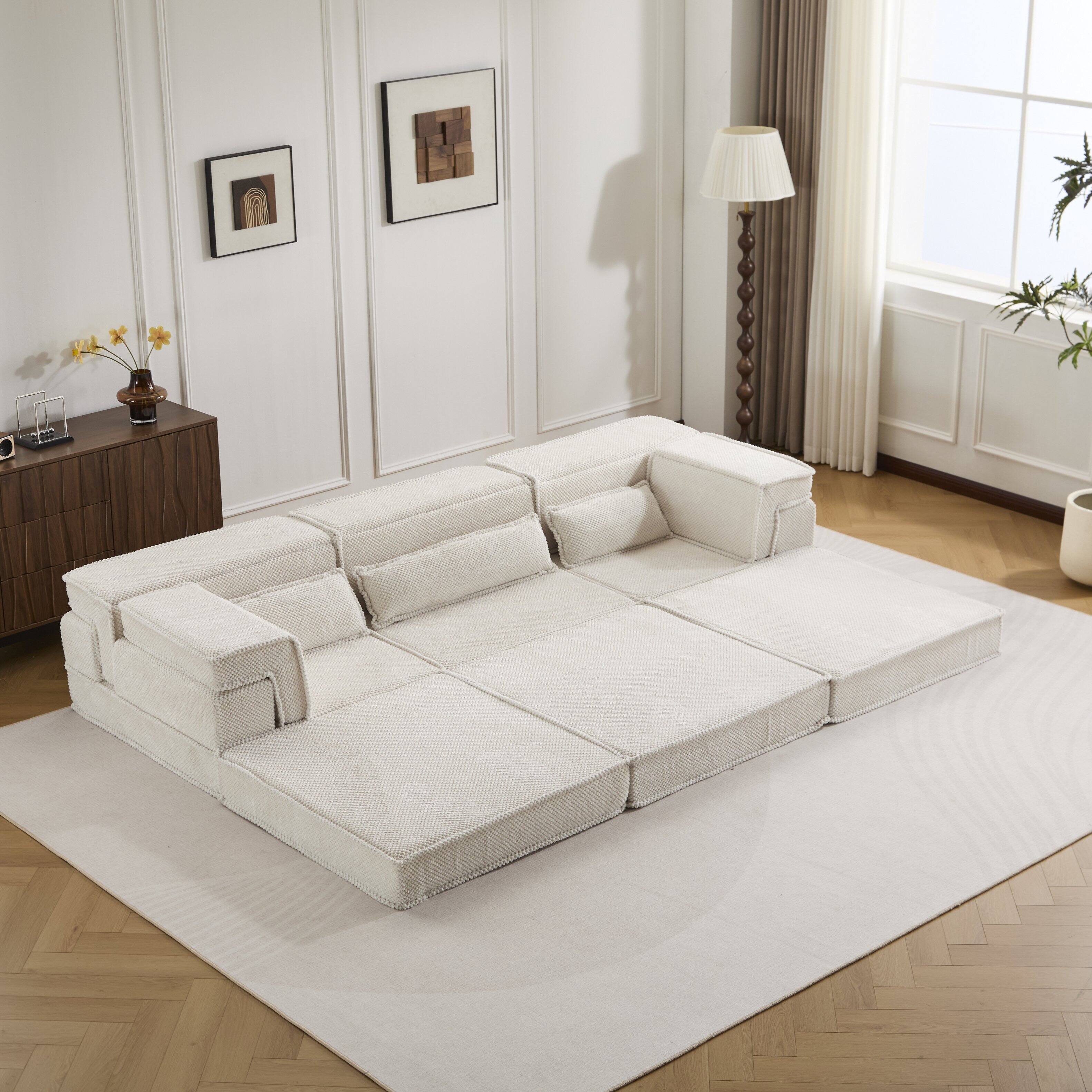 Left. Whisen - 3-Seater Modular Mahjong Sofa Bed, Circle Fleece Fabric Convertible Floor Sectional, No Assembly Required - White.