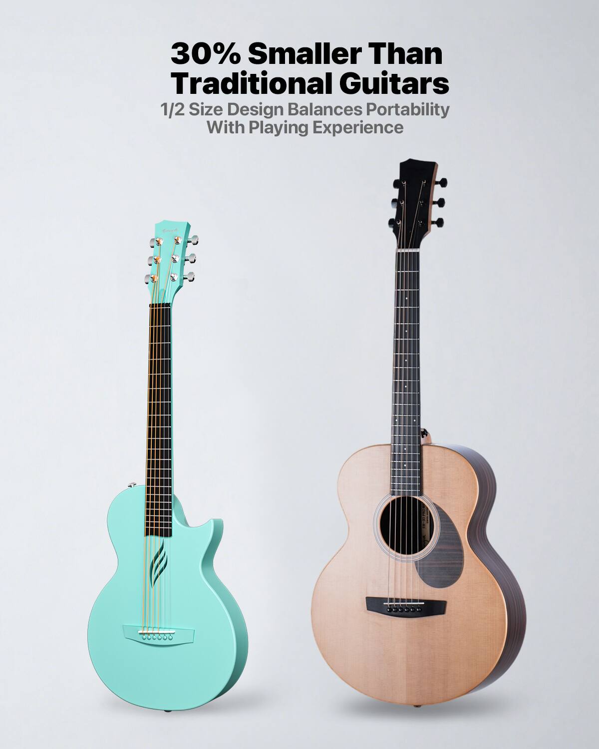 30% Smaller Than Traditional Guitars  
1/2 Size Design Balances Portability With Playing Experience