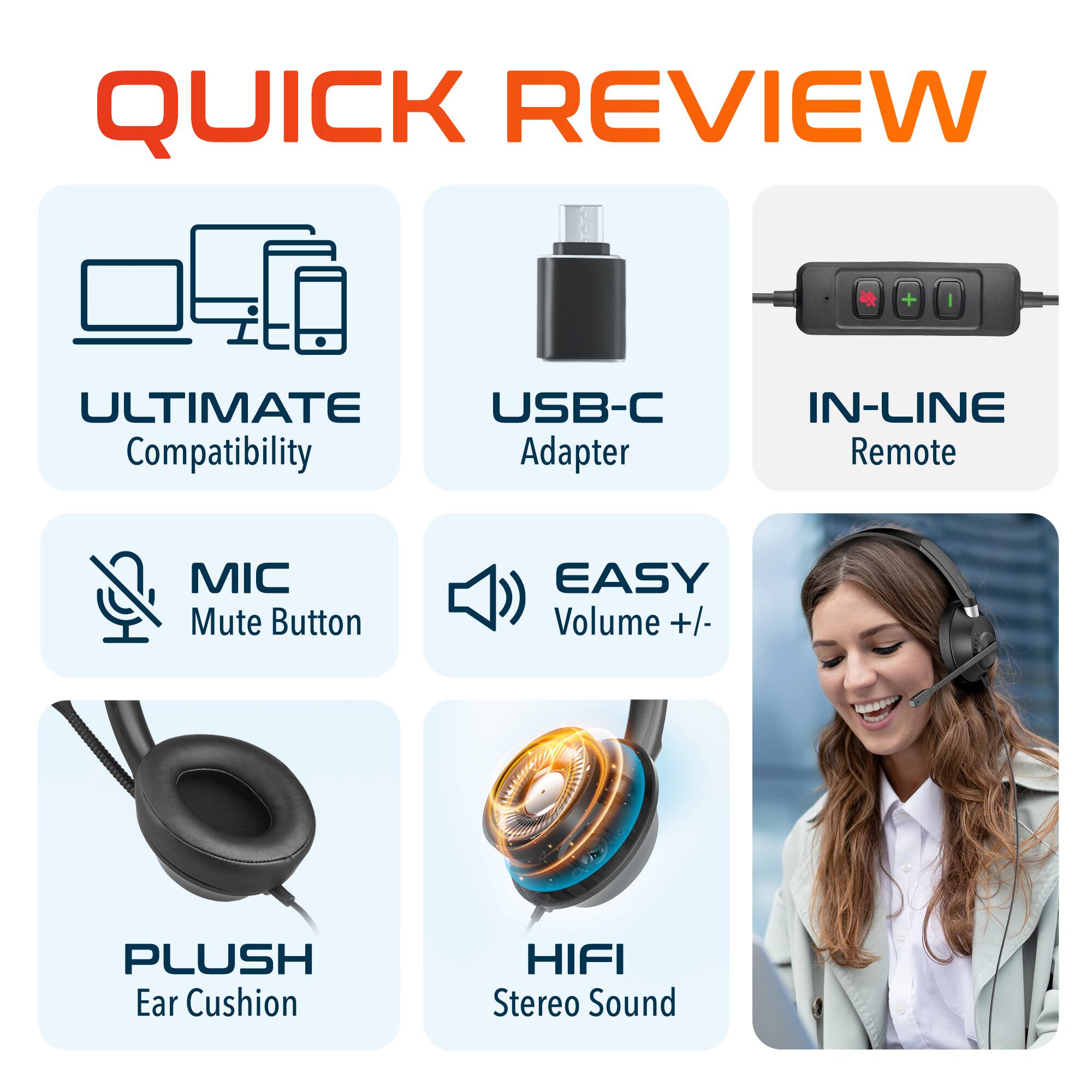 QUICK REVIEW
ULTIMATE Compatibility
USB-C Adapter
IN-LINE Remote
MIC Mute Button
EASY Volume +/-
PLUSH Ear Cushion
HIFI Stereo Sound