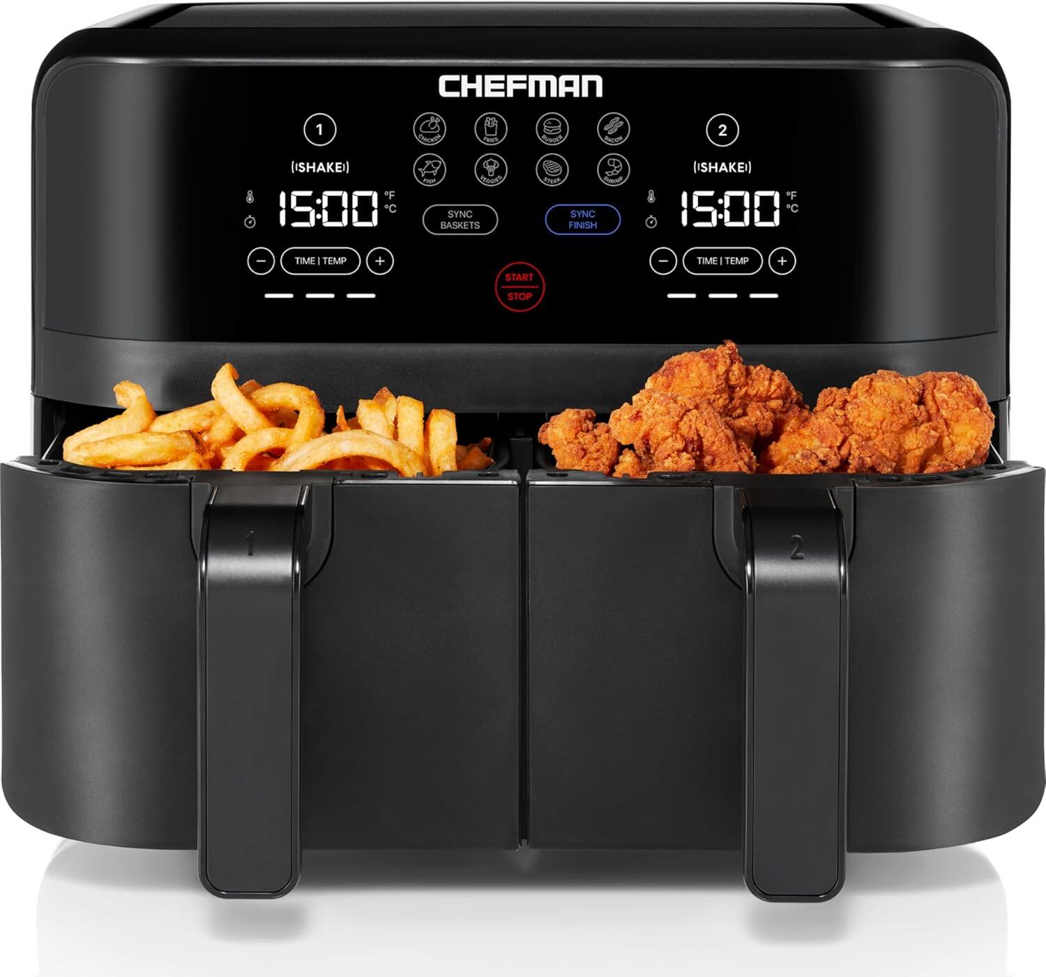 Chefman - Turbofry Dual Basket Air Fryer w/ Digital Touch Display, 9 Qt Capacity - Black