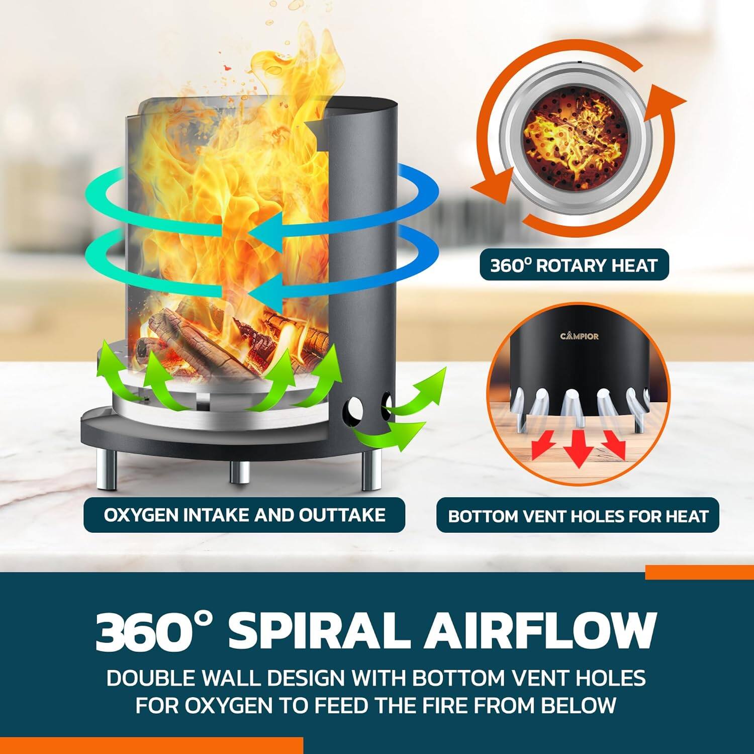 360° SPIRAL AIRFLOW, DOUBLE WALL DESIGN WITH BOTTOM VENT HOLES FOR OXYGEN TO FEED THE FIRE FROM BELOW, 360° ROTARY HEAT, OXYGEN INTAKE AND OUTTAKE, BOTTOM VENT HOLES FOR HEAT
