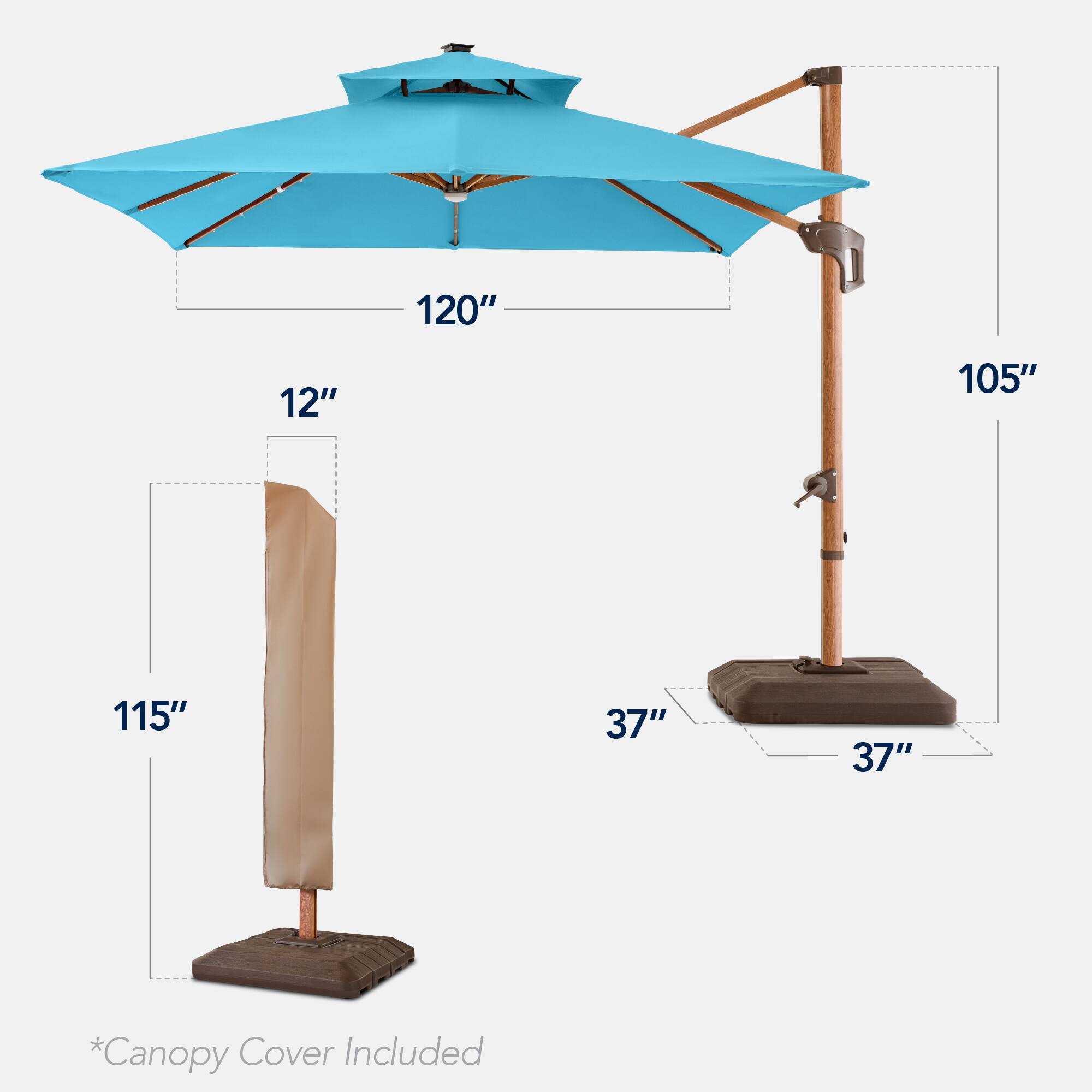 The dimensions of the umbrella are as follows:

- Diameter: 120"
- Height: 105"
- Canopy Cover Included
- Base: 37" x 37"
- Shaft: 12"
