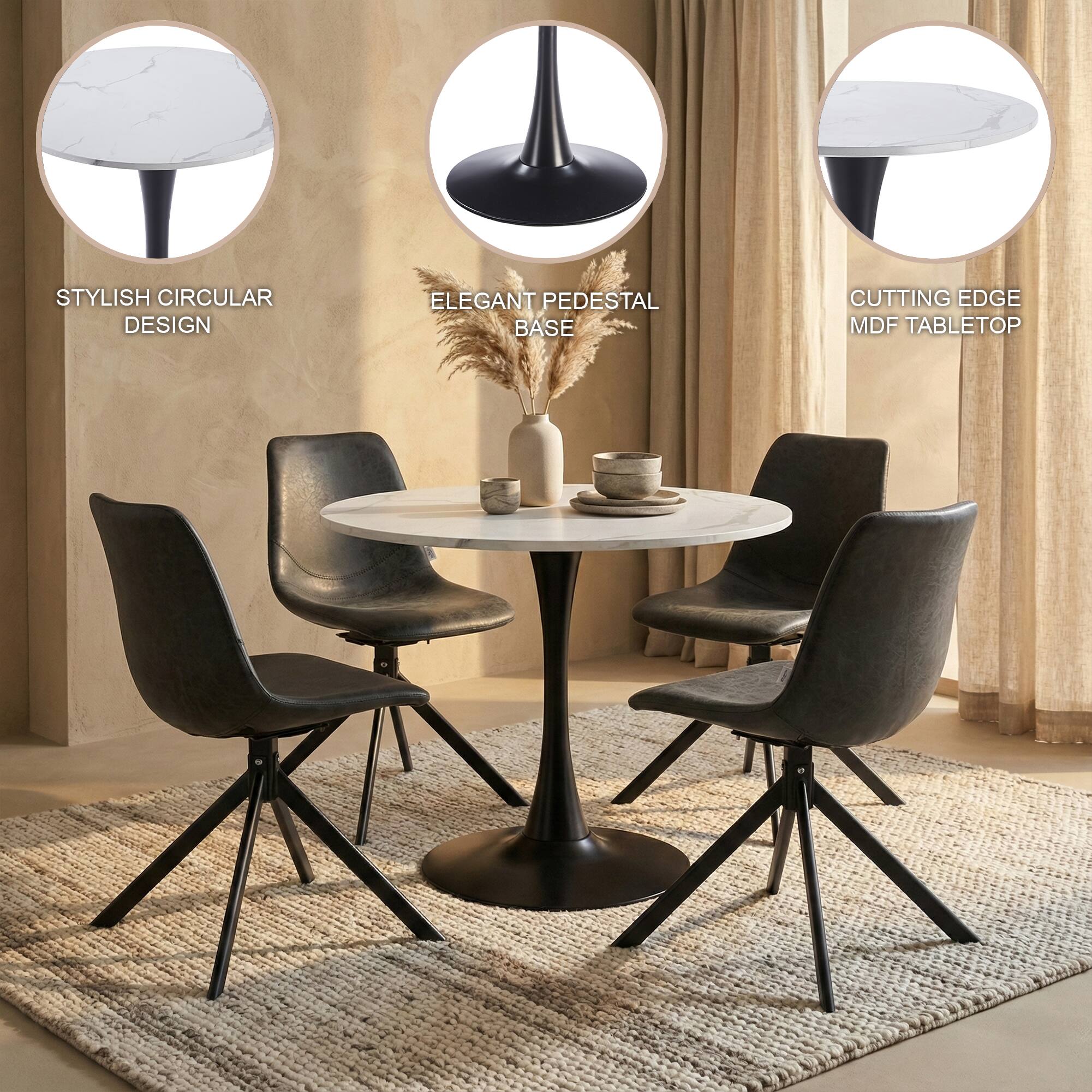 STYLISH CIRCULAR DESIGN  
ELEGANT PEDESTAL BASE  
CUTTING EDGE MDF TABLETOP