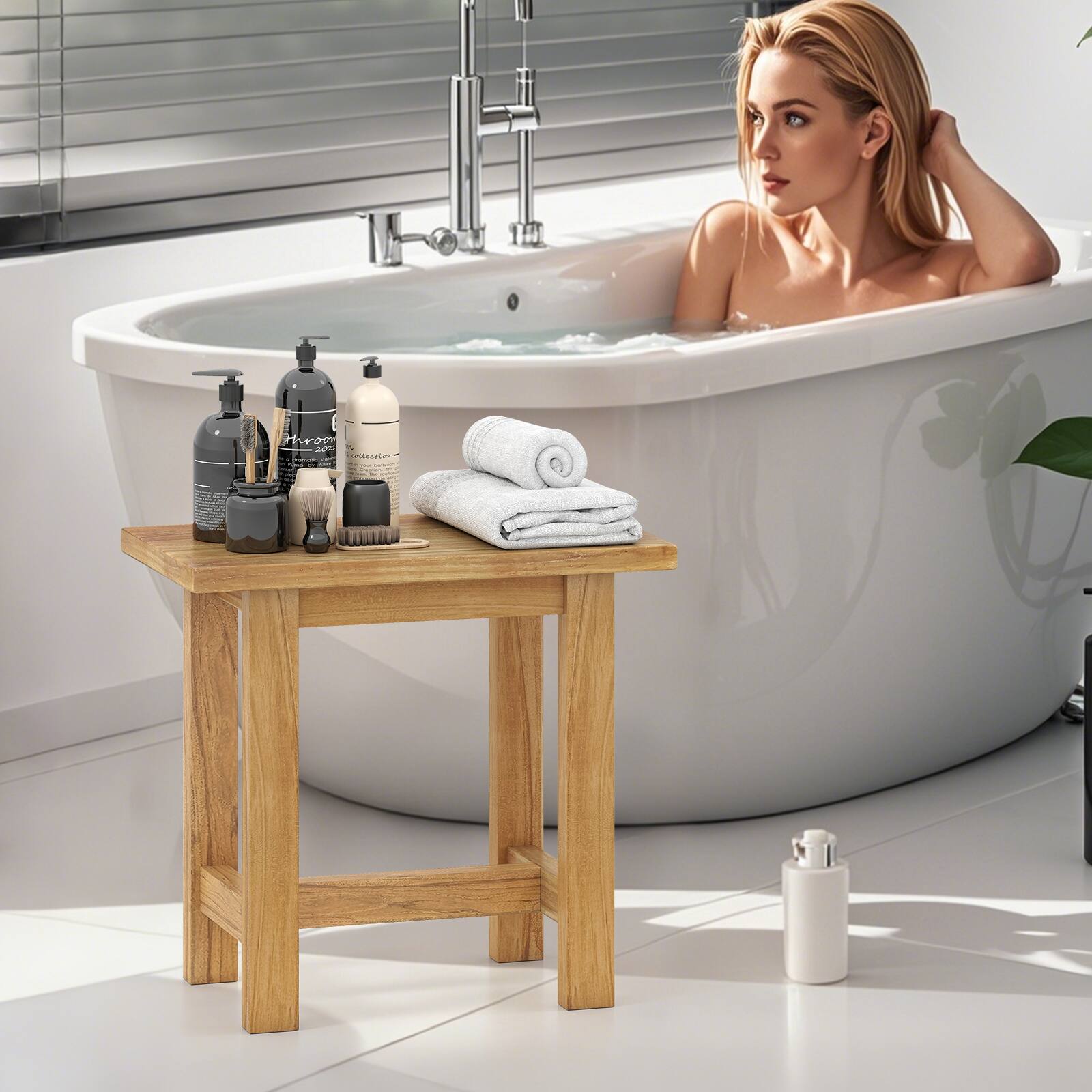 Alt View 5. Gymax - Gymax 20'' Teak Shower Bench Waterproof Shower Stool for Shaving Legs Indoor & Outdoor - Brown.