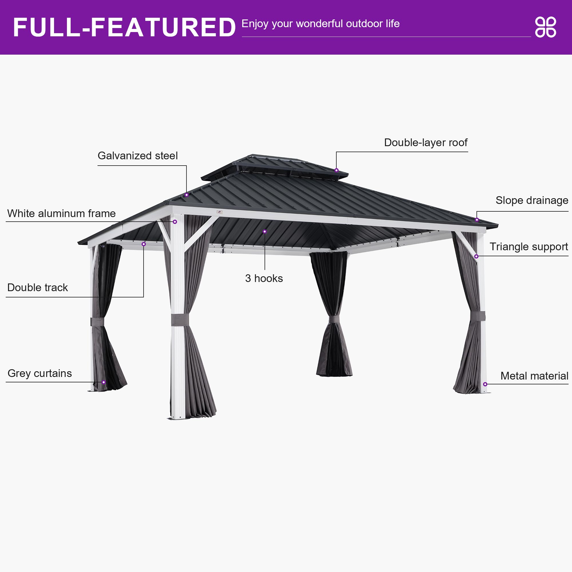 FULL-FEATUERED  
Enjoy your wonderful outdoor life  

- Galvanized steel  
- White aluminum frame  
- Double-layer roof  
- Slope drainage  
- Triangle support  
- Double track  
- 3 hooks  
- Grey curtains  
- Metal material