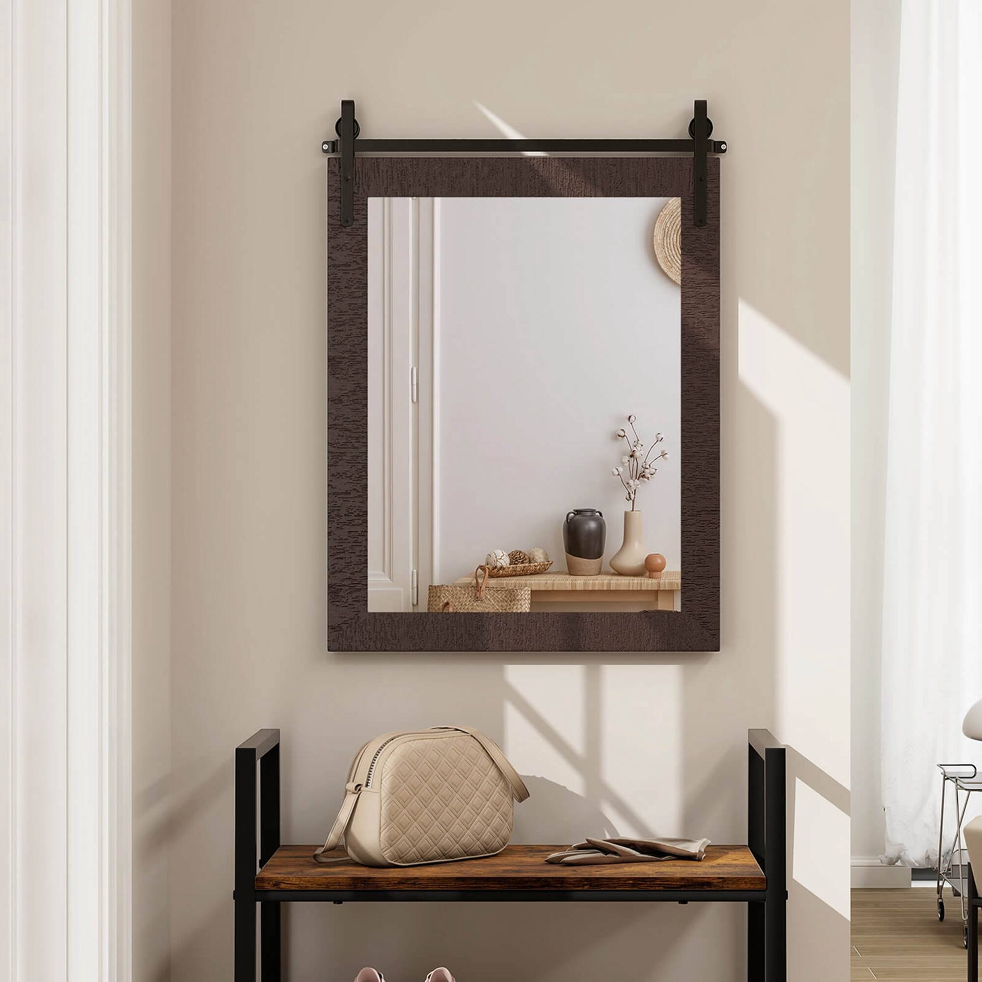 Alt View 4. Costway - Costway 30"x22" Wall Mount Mirror Decor Vanity Mirror Wood Frame Barn Door Style - Walnut.