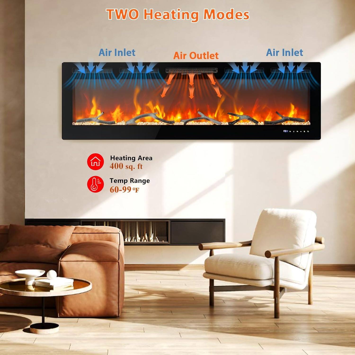 TWO Heating Modes

Air Inlet Air Outlet Air Inlet

Heating Area 400 sq. ft

Temp Range 60-99°F