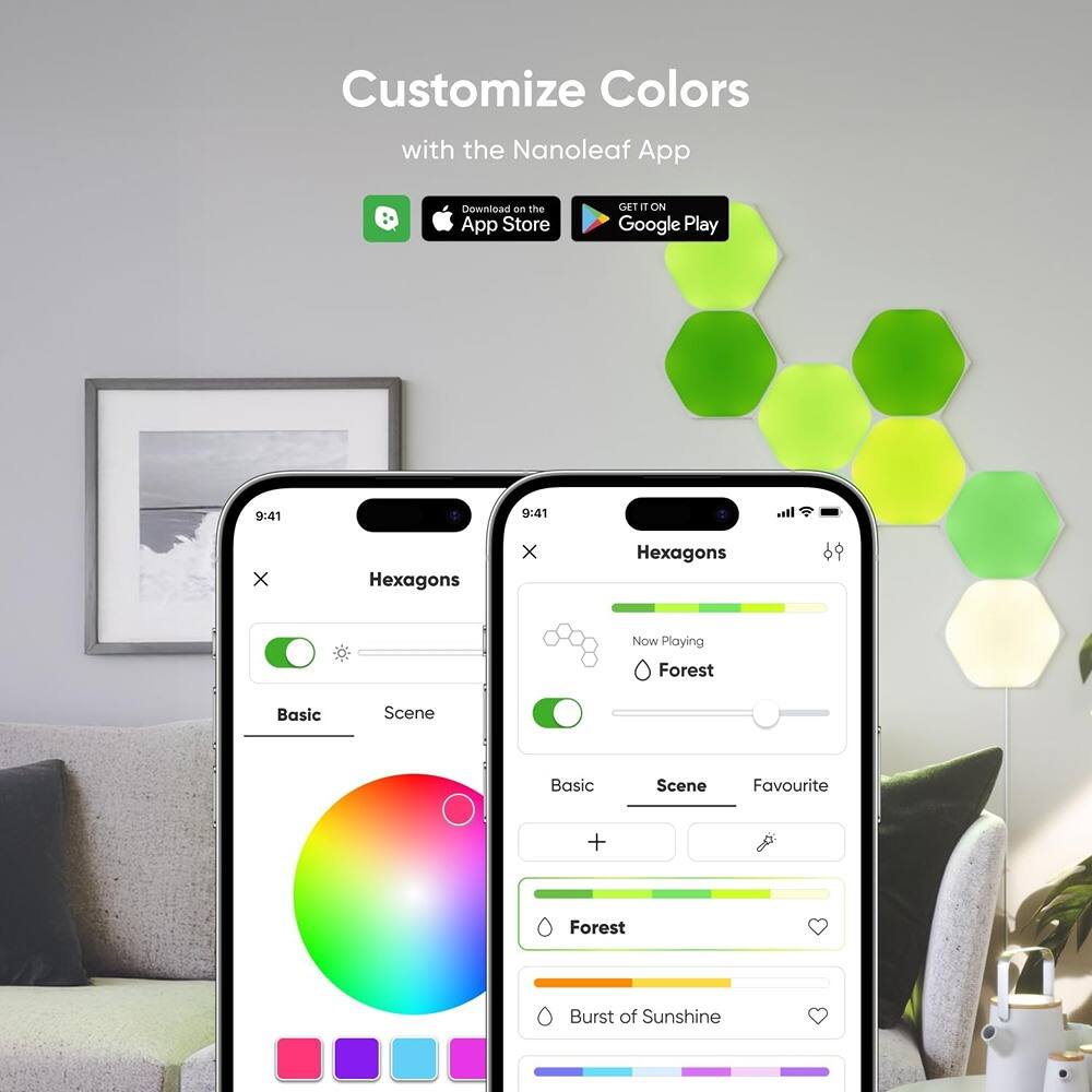 Customize Colors with the Nanoleaf App

Download on the App Store
GET IT ON Google Play

Hexagons

Now Playing: Forest

Basic Scene
Forest
Burst of Sunshine