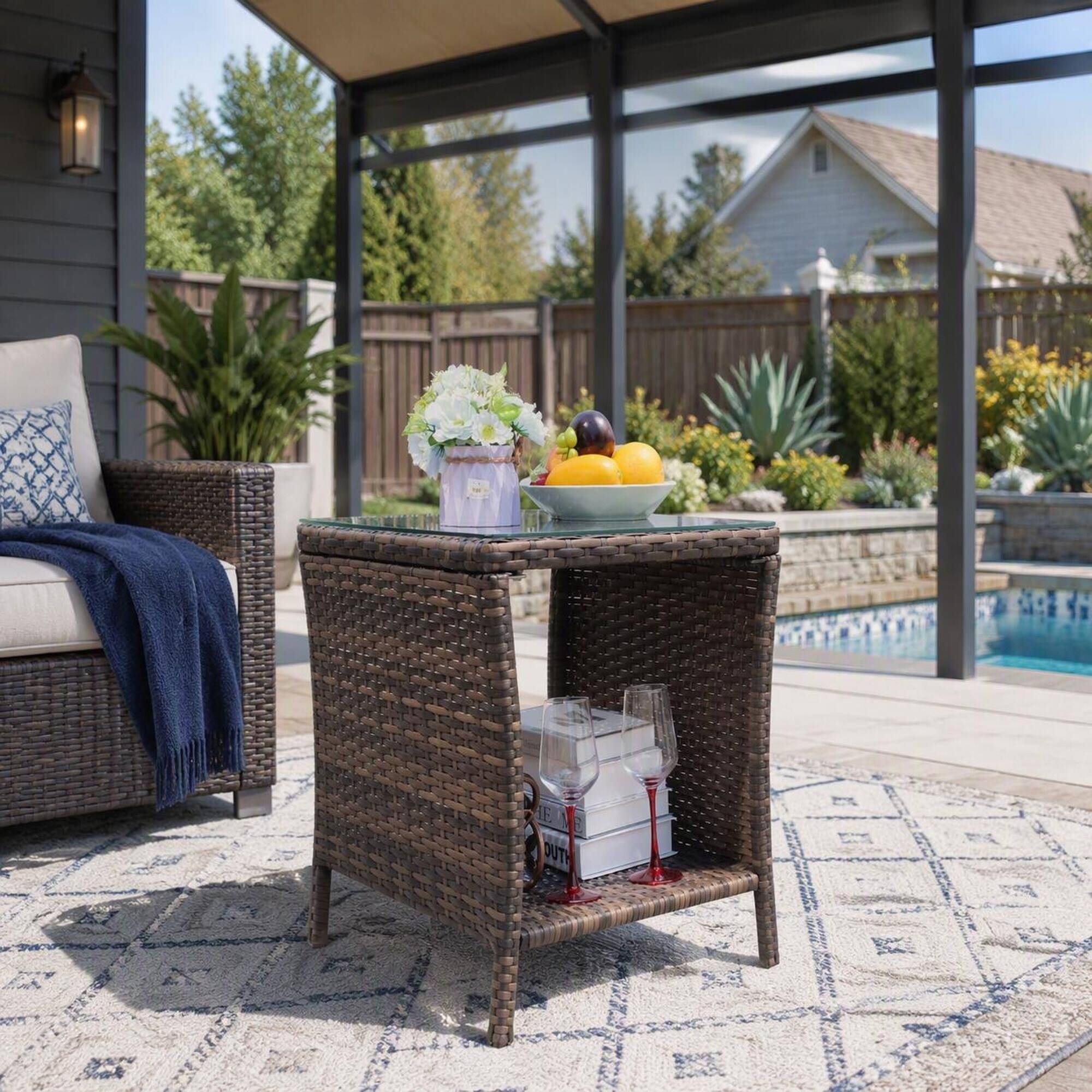 Back. RYHNUYNE - Brown Wicker Coffee Table with Clear Tempered Glass Top, Weather-Resistant Outdoor Patio Furniture - Brown.