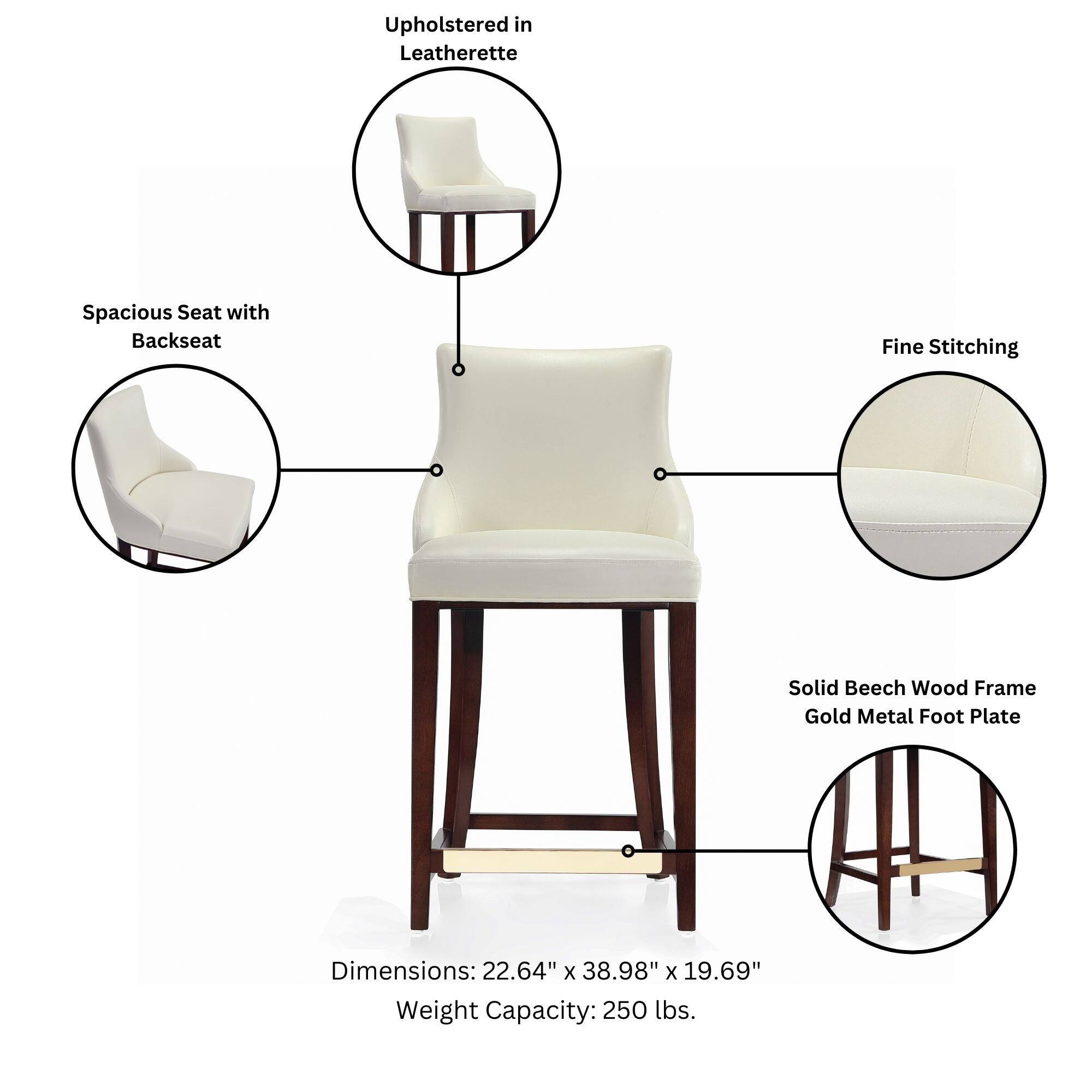 Upholstered in Leatherette  
Spacious Seat with Backseat  
Fine Stitching  
Solid Beech Wood Frame Gold Metal Foot Plate  
Dimensions: 22.64" x 38.98" x 19.69"  
Weight Capacity: 250 lbs.