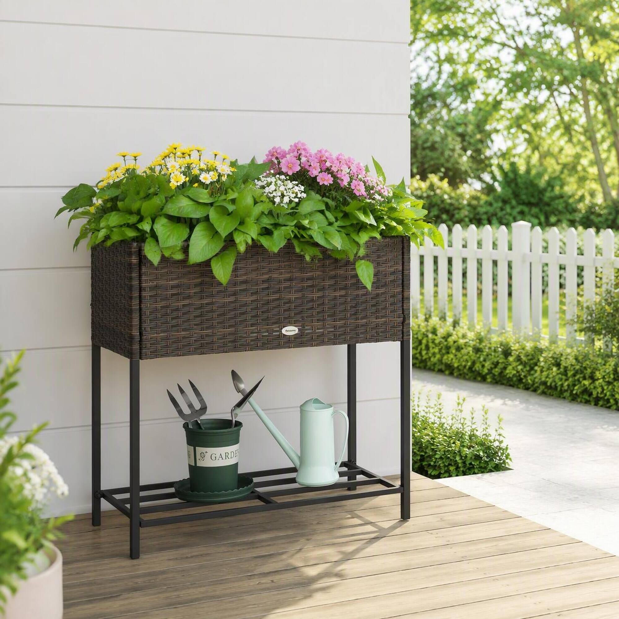 Back. RYHNUYNE - Outsunny Raised Garden Bed, Elevated Planter Box with Rattan Wicker Look, Tool Storage Shelf, Portable Design - Brown.