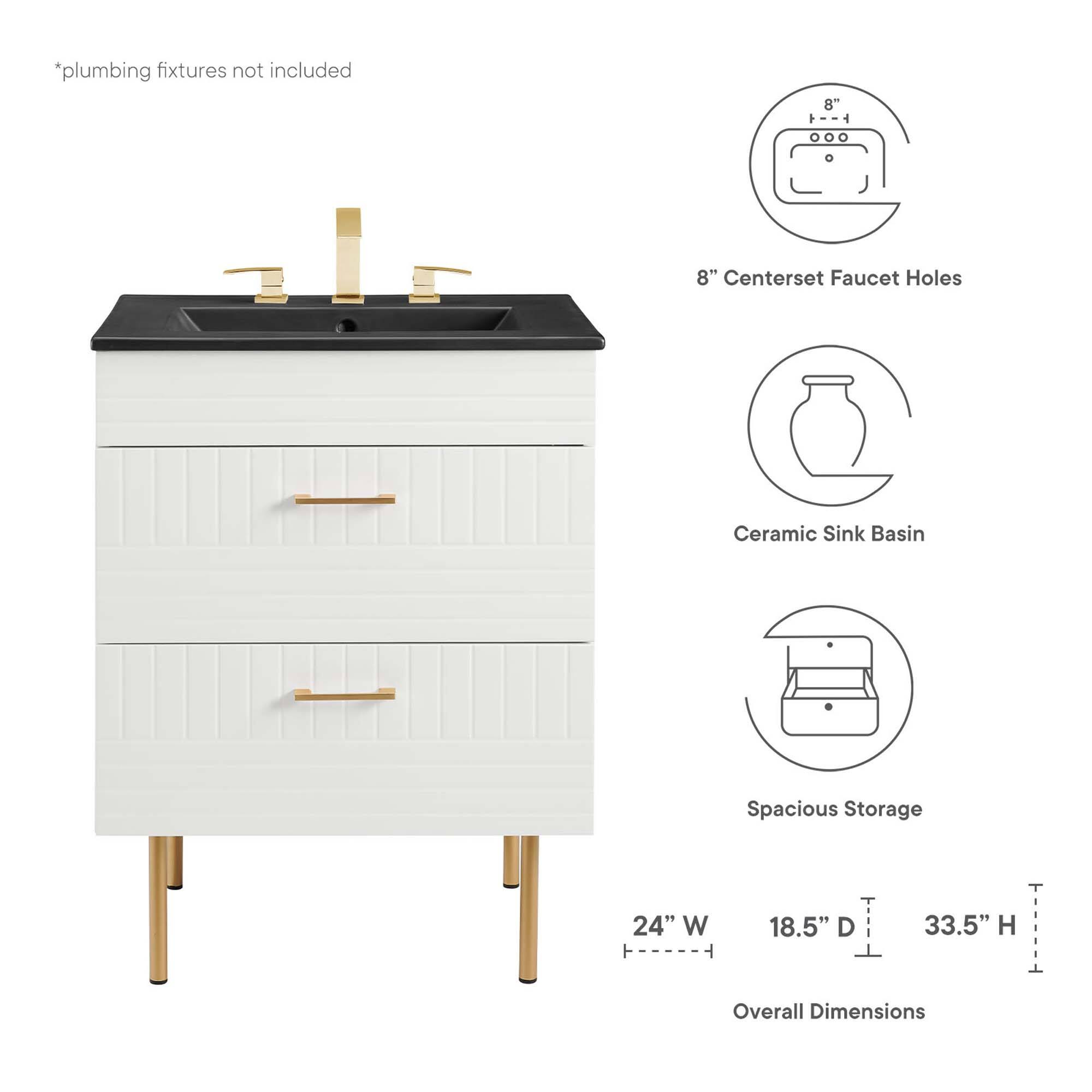 *plumbing fixtures not included

8" Centerset Faucet Holes

Ceramic Sink Basin

Spacious Storage

24" W x 18.5" D x 33.5" H Overall Dimensions