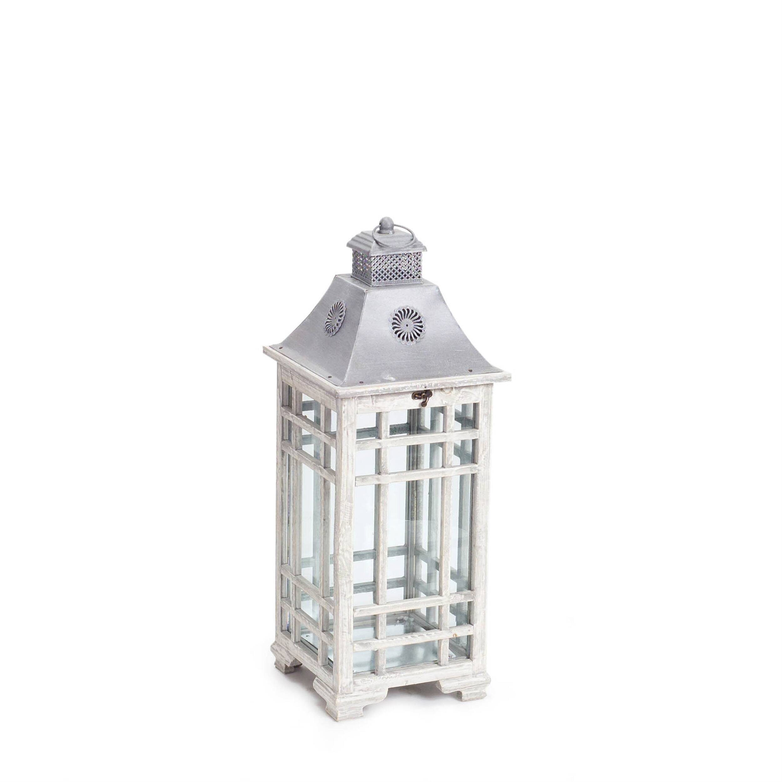 Back. BreeBe - Traditional Farmhouse Lantern with Metal Lid (Set of 2) - Grey, White.
