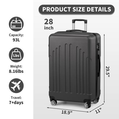 PRODUCT SIZE DETAILS

28 inch  
Capacity: 93L  
Weight: 8.16lbs  
Travel: 7+days  

Dimensions:  
Height: 29.5"  
Width: 18.9"  
Depth: 11"