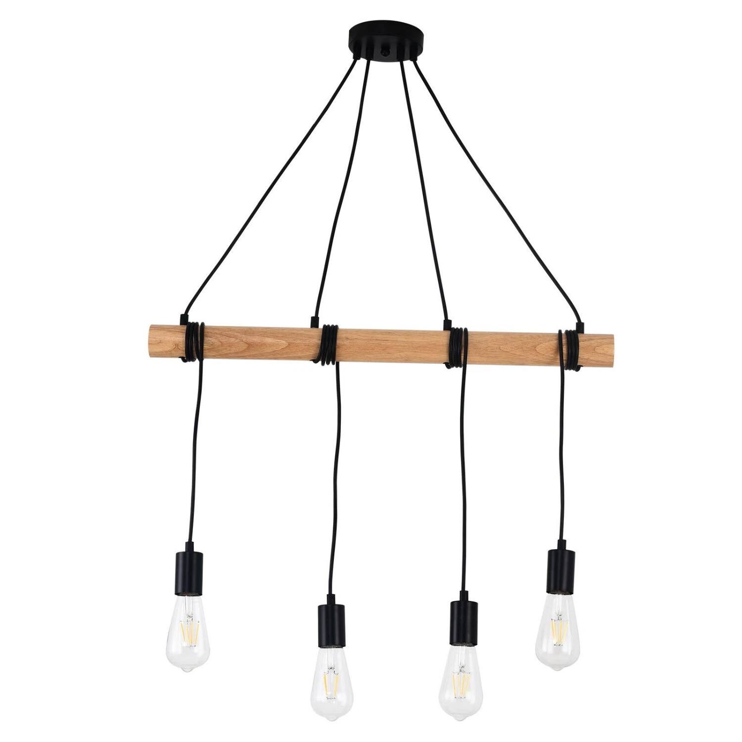 Front. Stock Preferred - Rustic Farmhouse Wood Ceiling Light 4-Light Pendant Lamp - Black.