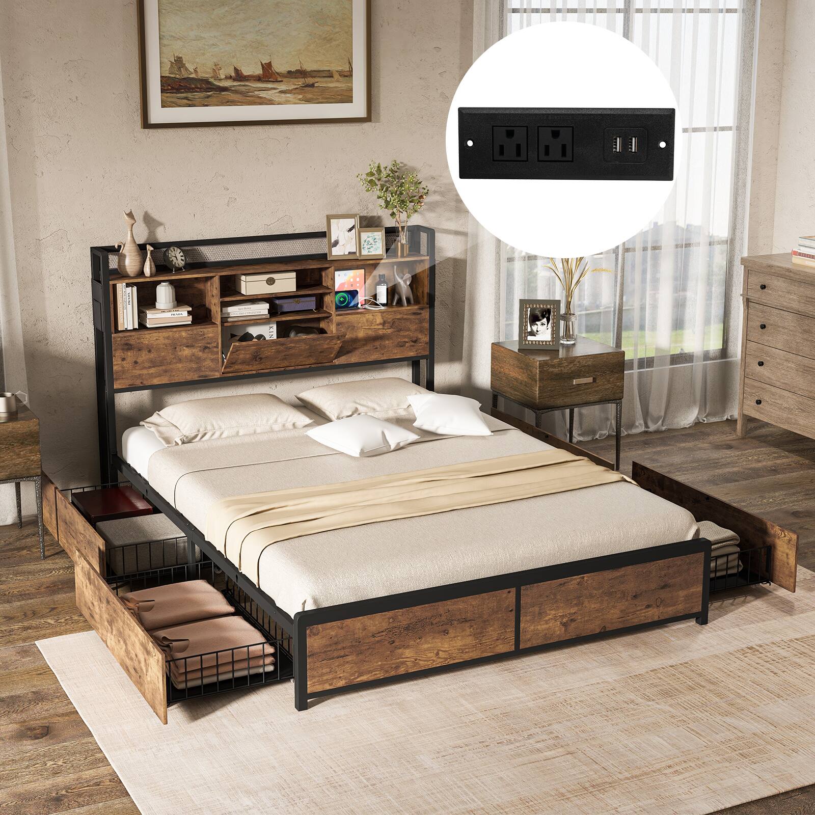 Angle. LUCKY ONE - Full/Queen Assembled Bed Frame with Bookcase Headboard 4 Drawers Power Strip Metal Slats - Vintage Brown.