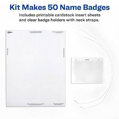Kit Makes 50 Name Badges  
Includes printable cardstock insert sheets and clear badge holders with neck straps.