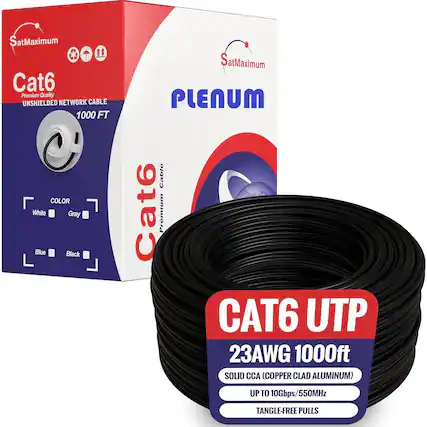 SatMaximum Cat6 Premium Quality UNSHIELDED NETWORK CABLE 1000 FT COLOR White Gray Blue Black SatMaximum PLENUM Cable Cat6 Premium CAT6 UTP 23AWG 1000ft SOLID CCA (COPPER CLAD ALUMINUM) UP TO 10Gbps/550MHz TANGLE-FREE PULLS