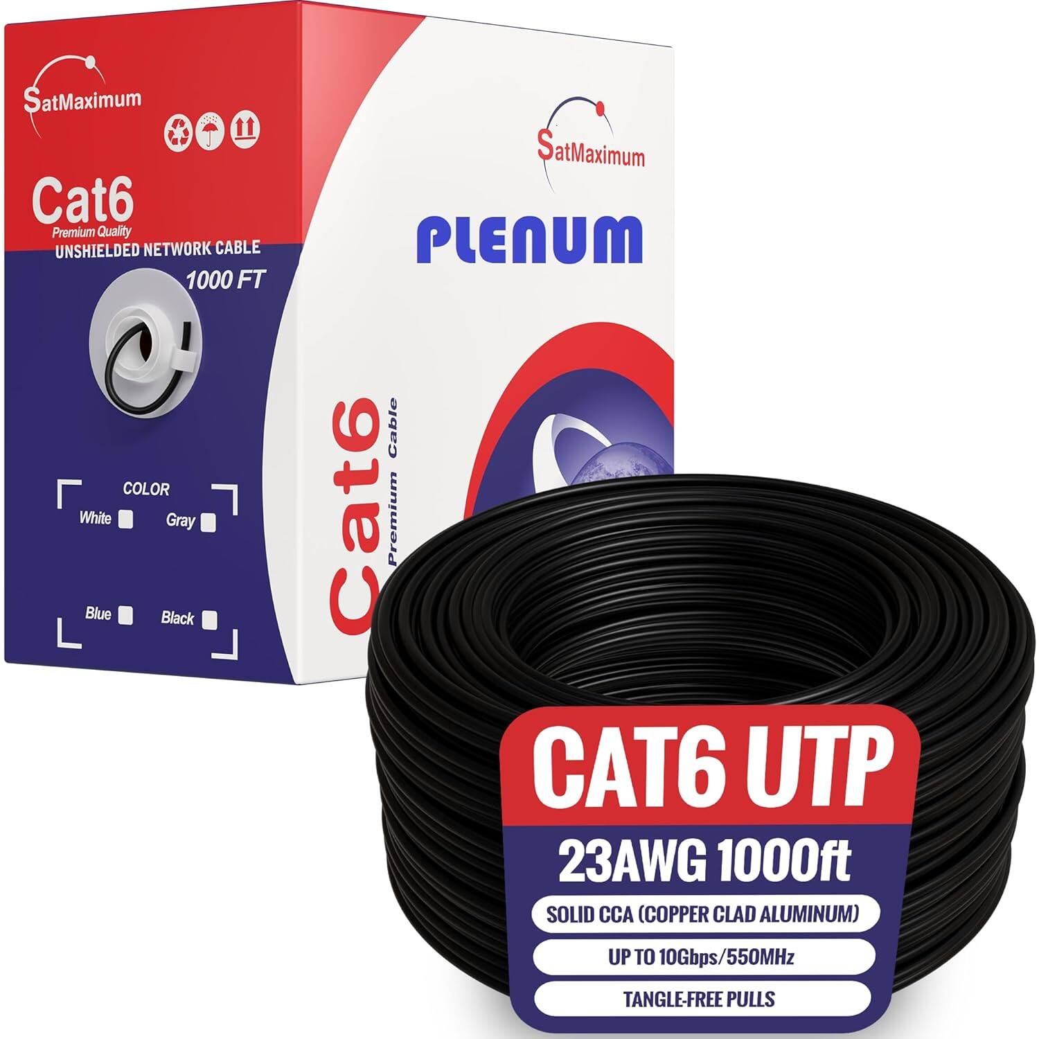 SatMaximum Cat6 Premium Quality UNSHIELDED NETWORK CABLE 1000 FT COLOR White Gray Blue Black SatMaximum PLENUM Cable Cat6 Premium CAT6 UTP 23AWG 1000ft SOLID CCA (COPPER CLAD ALUMINUM) UP TO 10Gbps/550MHz TANGLE-FREE PULLS