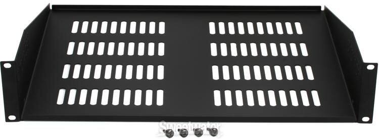 Left. Gator - 2U Vented Fixed Rack Shelf, 15" Deep, 16-Gauge Steel Construction, 66 lbs. Capacity.