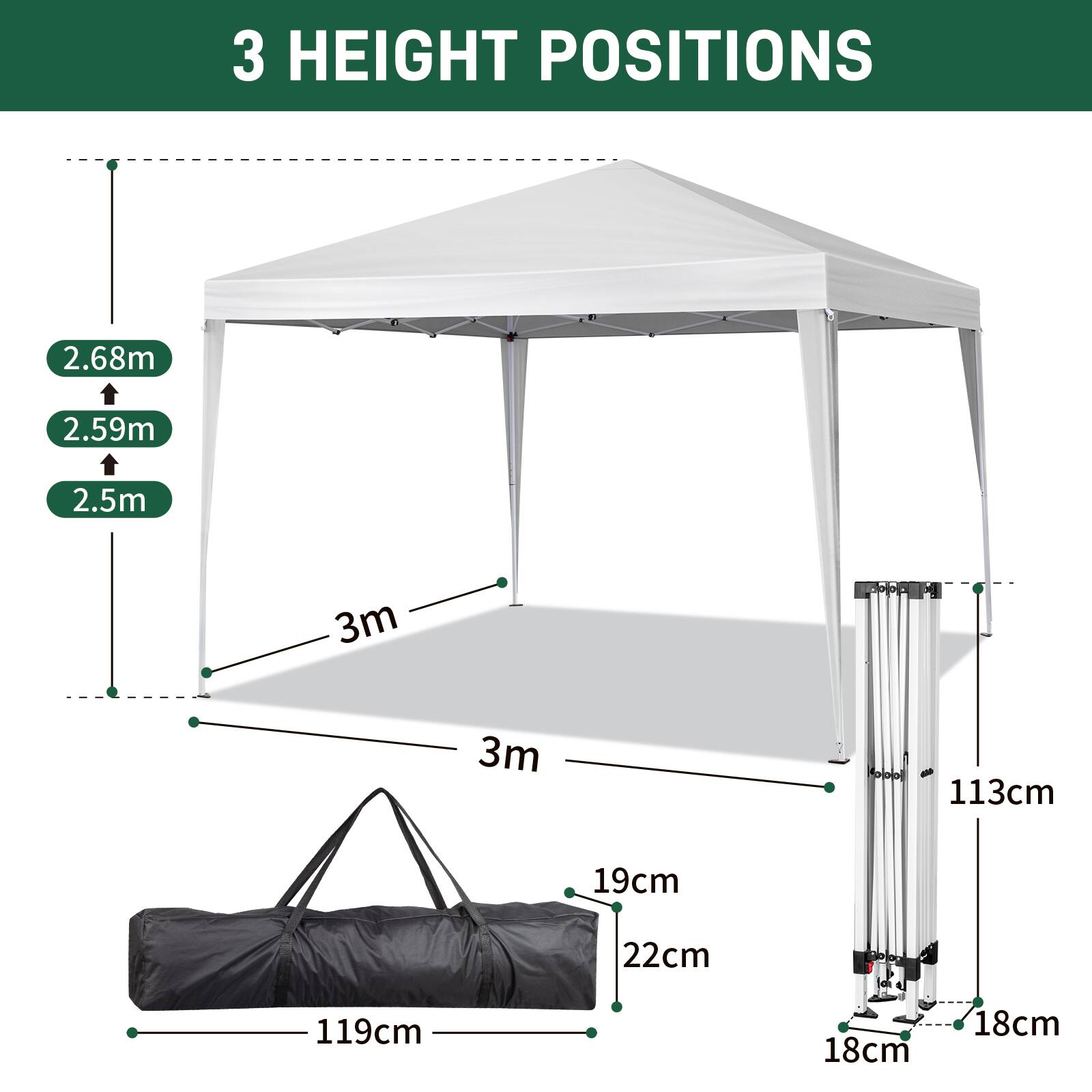3 HEIGHT POSITIONS  
2.68m  
2.59m  
2.5m  
3m  
3m  
113cm  
19cm  
22cm  
119cm  
18cm  
18cm