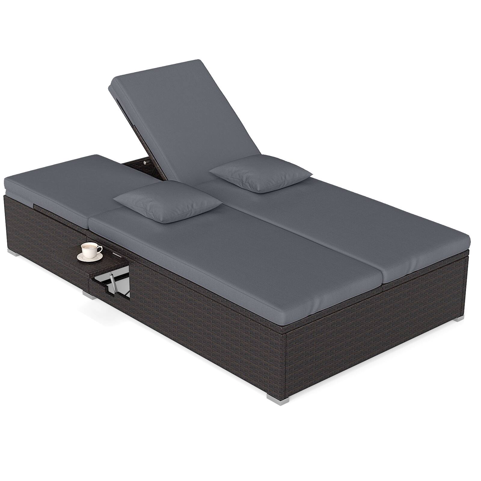 Alt View 8. Gymax - Gymax Patio Daybed PE Wicker Double Chaise Lounge w/ Adjustable Backrests Outdoor Gray - Grey.