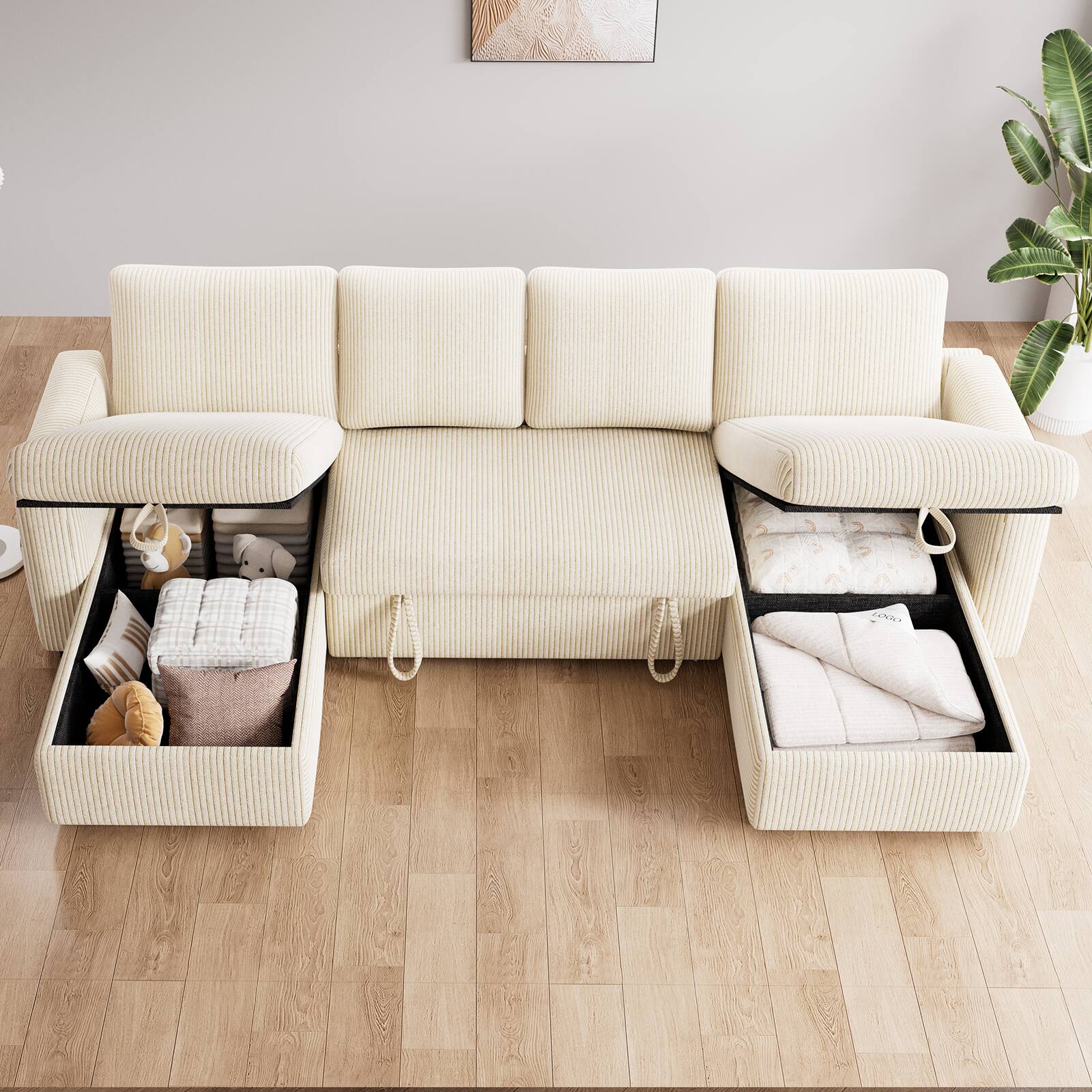 Left. Dyonery - 81" U Shaped Pull Out Couches for Living Room with Storage Chaise, USB Port&Cupholder - Beige.