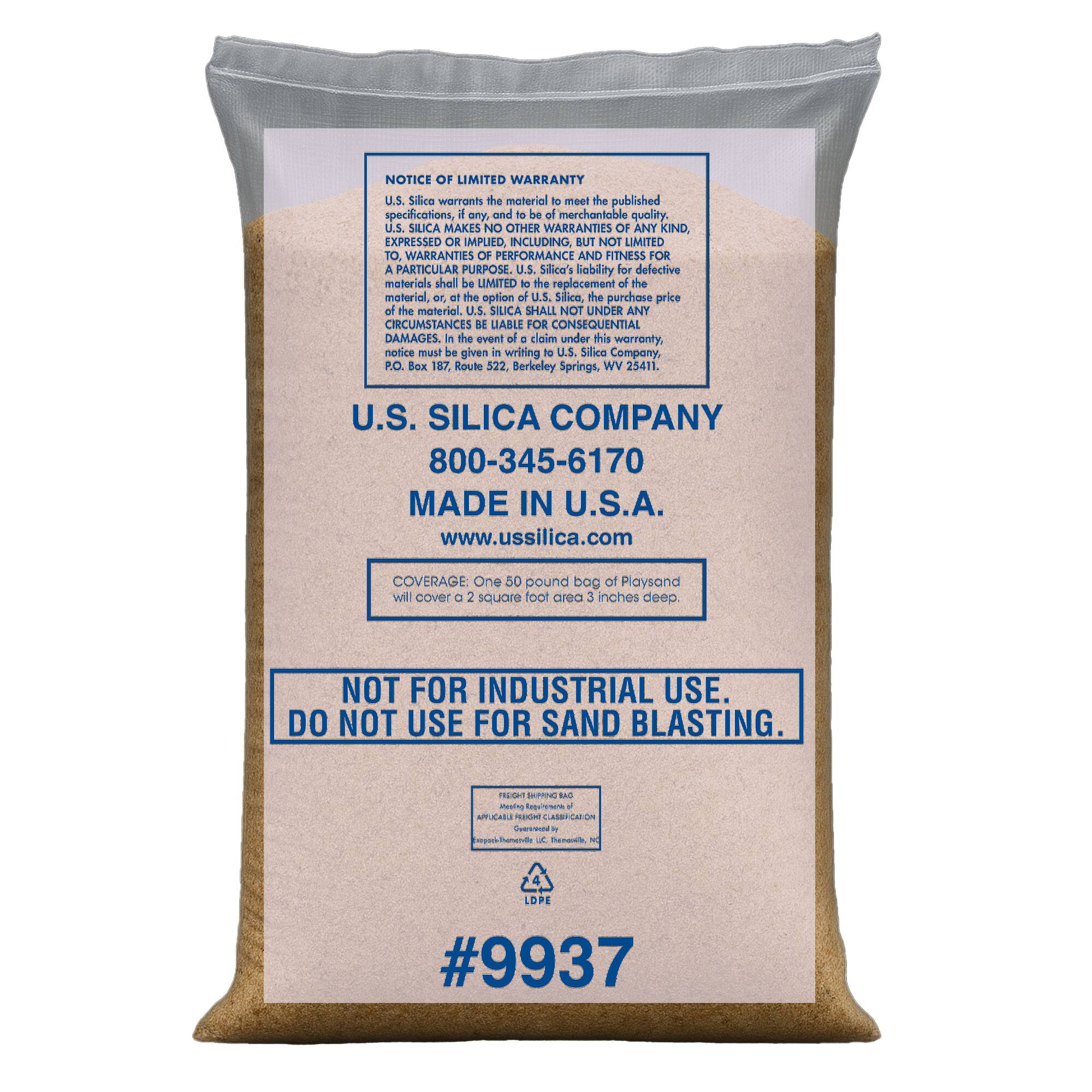 **NOTICE OF LIMITED WARRANTY**

U.S. Silica warrants the material to meet the published specifications, if any, and to be of merchantable quality. U.S. SILICA MAKES NO OTHER WARRANTIES OF ANY KIND, EXPRESSED OR IMPLIED, INCLUDING BUT NOT LIMITED TO WARRANTIES OF PERFORMANCE AND FITNESS FOR A PARTICULAR PURPOSE. U.S. Silica's liability for defective materials shall be LIMITED to the replacement of the material, or, at the option of U.S. Silica, the purchase price of the material. U.S. SILICA SHALL NOT UNDER ANY CIRCUMSTANCES BE LIABLE FOR CONSEQUENTIAL DAMAGES. In the event of a claim under this warranty, notice must be given in writing to U.S. Silica Company, P.O. Box 187, Route 522, Berkeley Springs, WV 25411.

**U.S. SILICA COMPANY**  
800-345-6170  
MADE IN U.S.A.  
www.ussilica.com

**COVERAGE:** One 50 pound bag of Playsand will cover a 2 square foot area 3 inches deep.

**NOT FOR INDUSTRIAL USE.**  
**DO NOT USE FOR SAND BL
