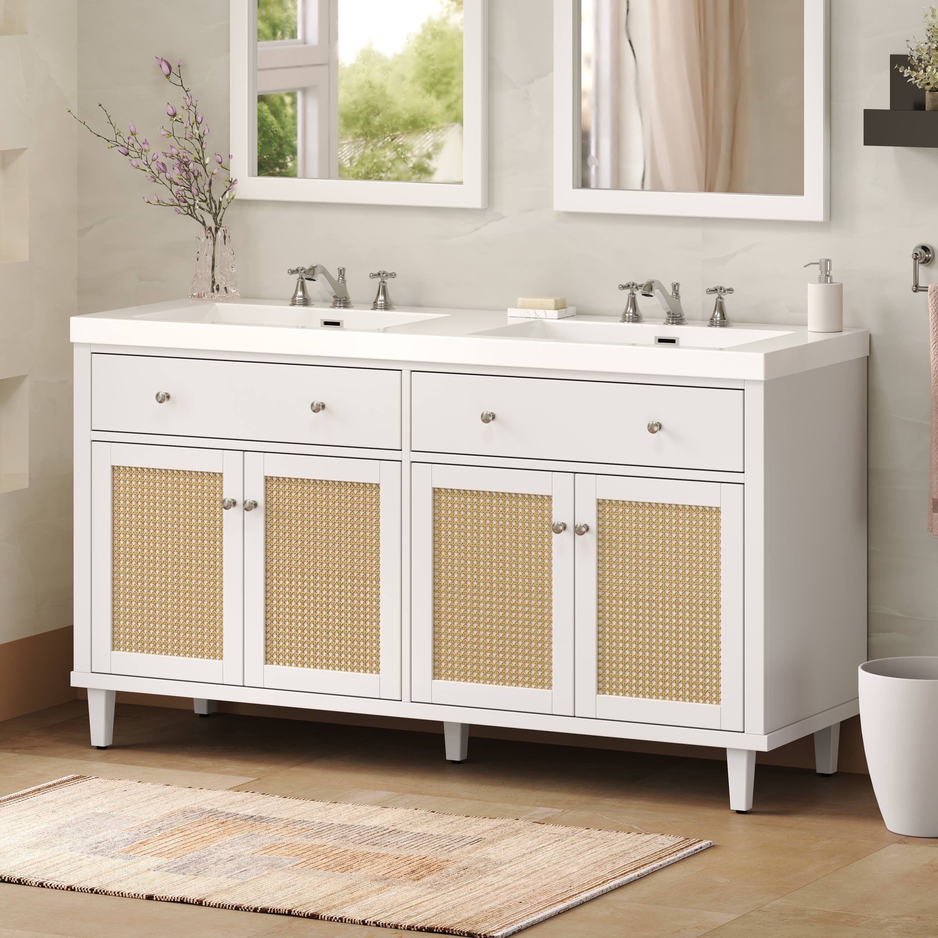 Back. Loheer - 5 ft Double Sink Bathroom Vanity with SMC Top and Rattan-Style Doors - White.
