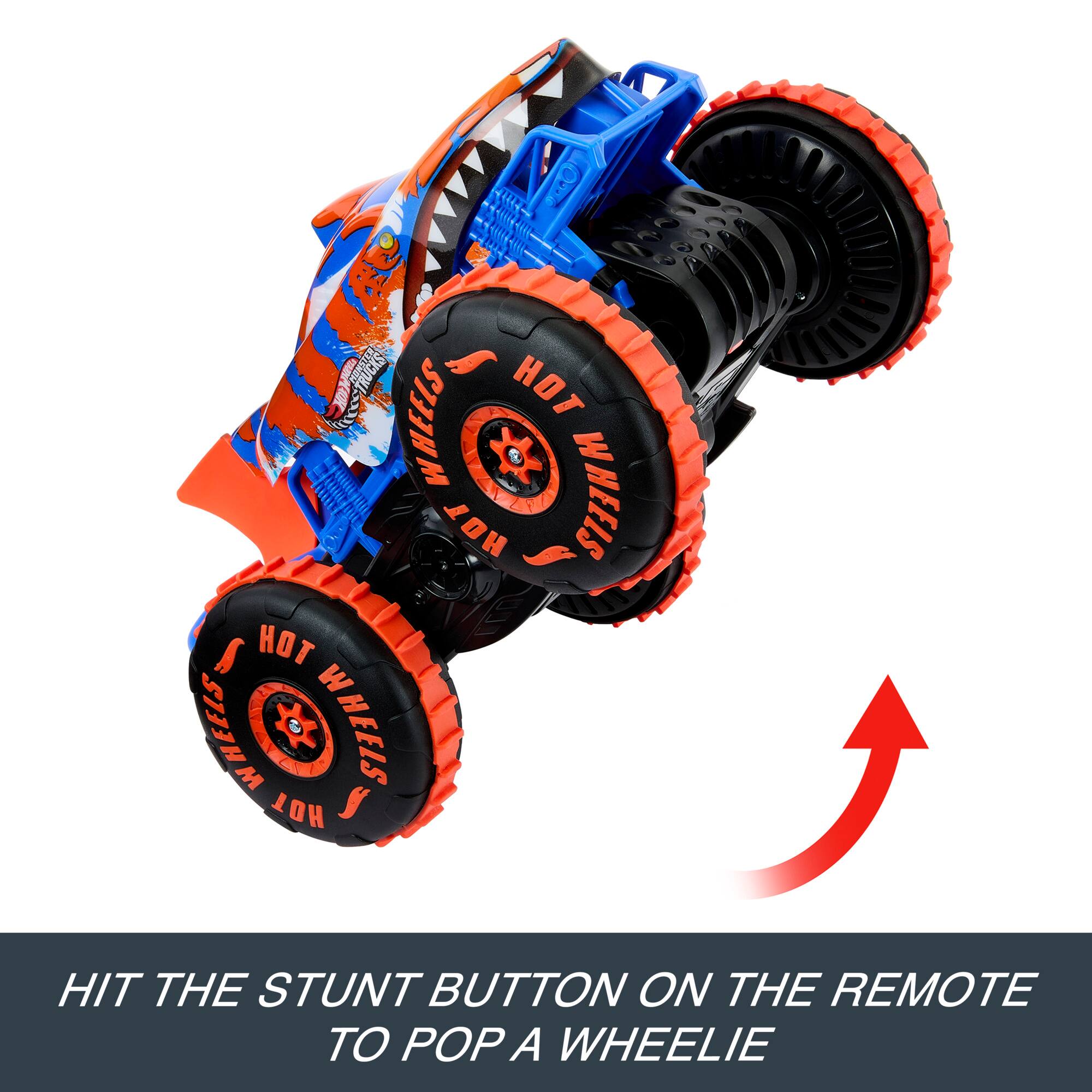 HIT THE STUNT BUTTON ON THE REMOTE TO POP A WHEELIE