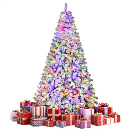 Front. Sugift - 7.5ft Pre-Lit Artificial Christmas Tree Snow Flocked Xmas Tree W/ Remote-Controlled 550 Multi-Color Lights Decor - Pink.