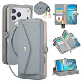 Dteck - Leather Wallet Phone Case for Apple iPhone 17 Pro with Crossbody Strap, Shockproof Zipper Pocket Mirror Stand Cover - Blue