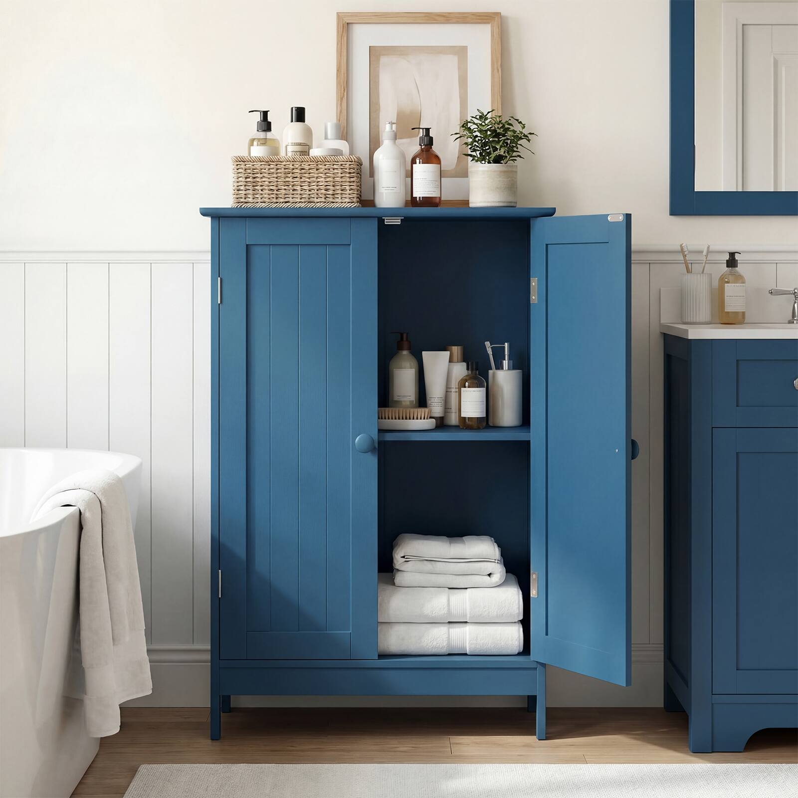 Alt View 3. Gymax - Gymax Bathroom Cabinet Wooden Storage Cabinet w/ 2 Doors & 3-Level Adjustable Shelf - Blue.