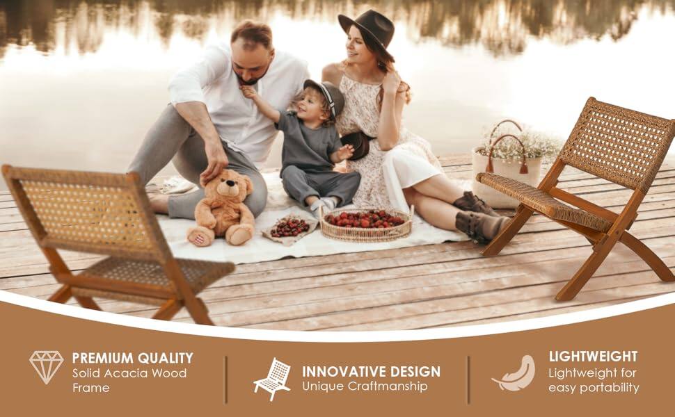 PREMIUM QUALITY  
Solid Acacia Wood Frame  

INNOVATIVE DESIGN  
Unique Craftsmanship  

LIGHTWEIGHT  
Lightweight for easy portability